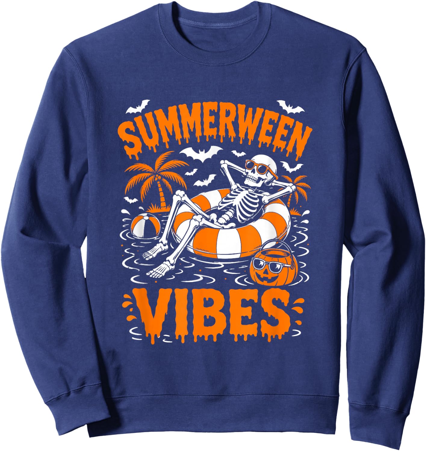Summerween Vibes Skeleton Floating Pool Pumpkin Halloween Sweatshirt - Sweatshirt | Navy