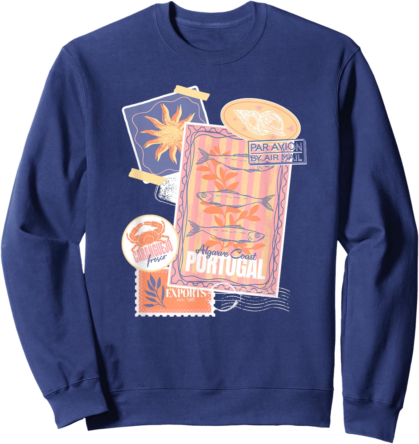 Vintage Postcard and Stamp Aesthetic Collage Travel Vacation Sweatshirt - Sweatshirt | Navy