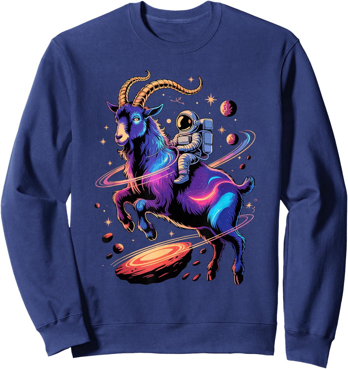 Astronaut Rides Goat Space Stars Comets Galaxy Planets Sweatshirt - Sweatshirt | Navy