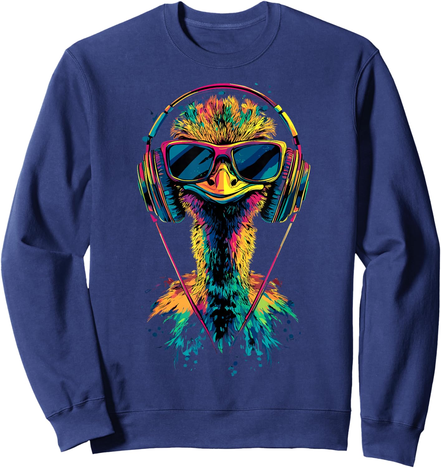 Strauss Bird Ostrich with Headphones Colourful Emu Music DJ Bouquets , black Sweatshirt - Sweatshirt | Navy