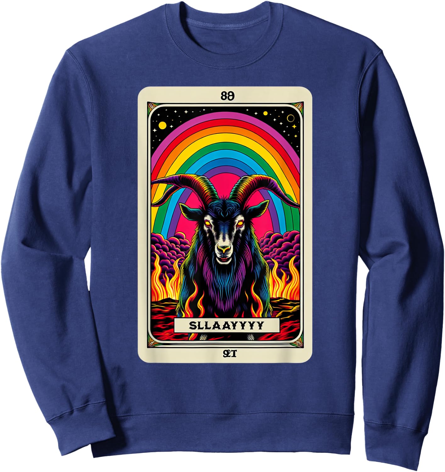Slay Funny Rainbow Satanic Goat Tarot Card Demonic Dark Sweatshirt - Sweatshirt | Navy