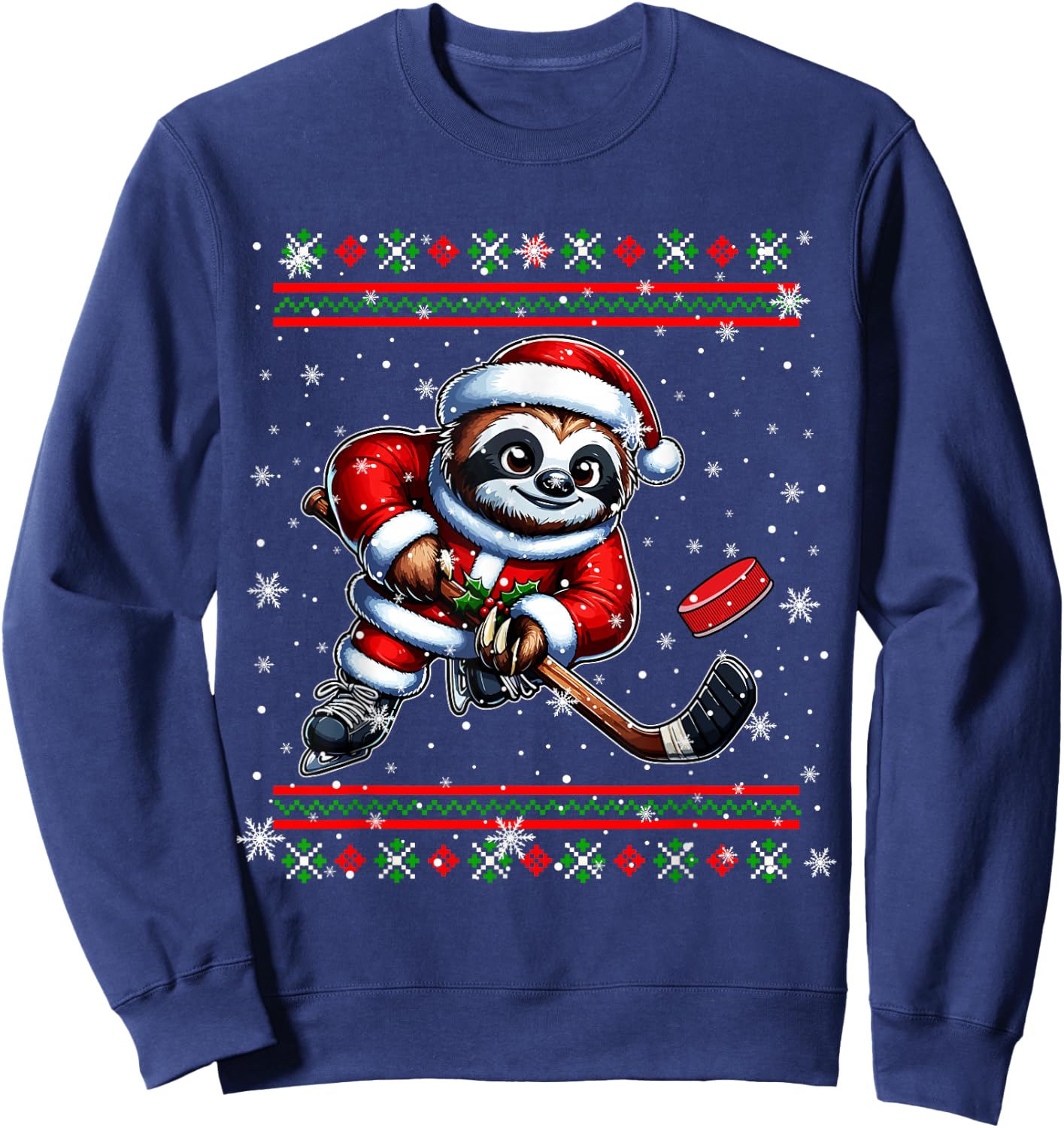 Santa Sloth Playing Hockey Christmas Sweater Player Lover Sweatshirt - Sweatshirt | Navy