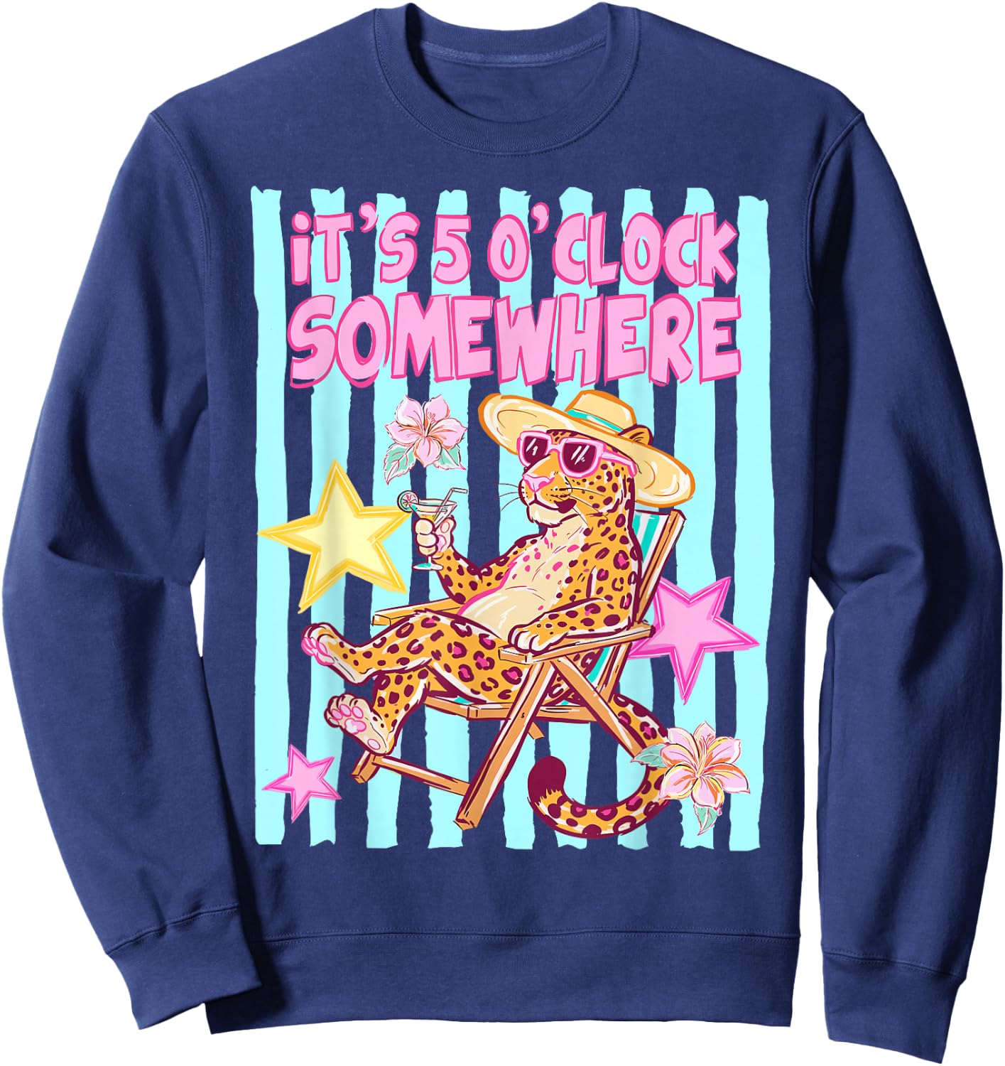 Striped It’s 5 O’Clock Somewhere Beach Vibes Leopard Sweatshirt - Sweatshirt | Navy