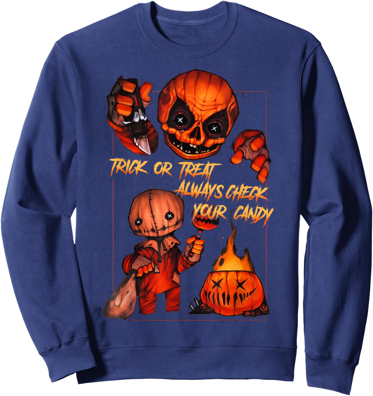 Vintage Trick Or Treat Always Check Your Candy, Pumpkin Sweatshirt - Sweatshirt | Navy