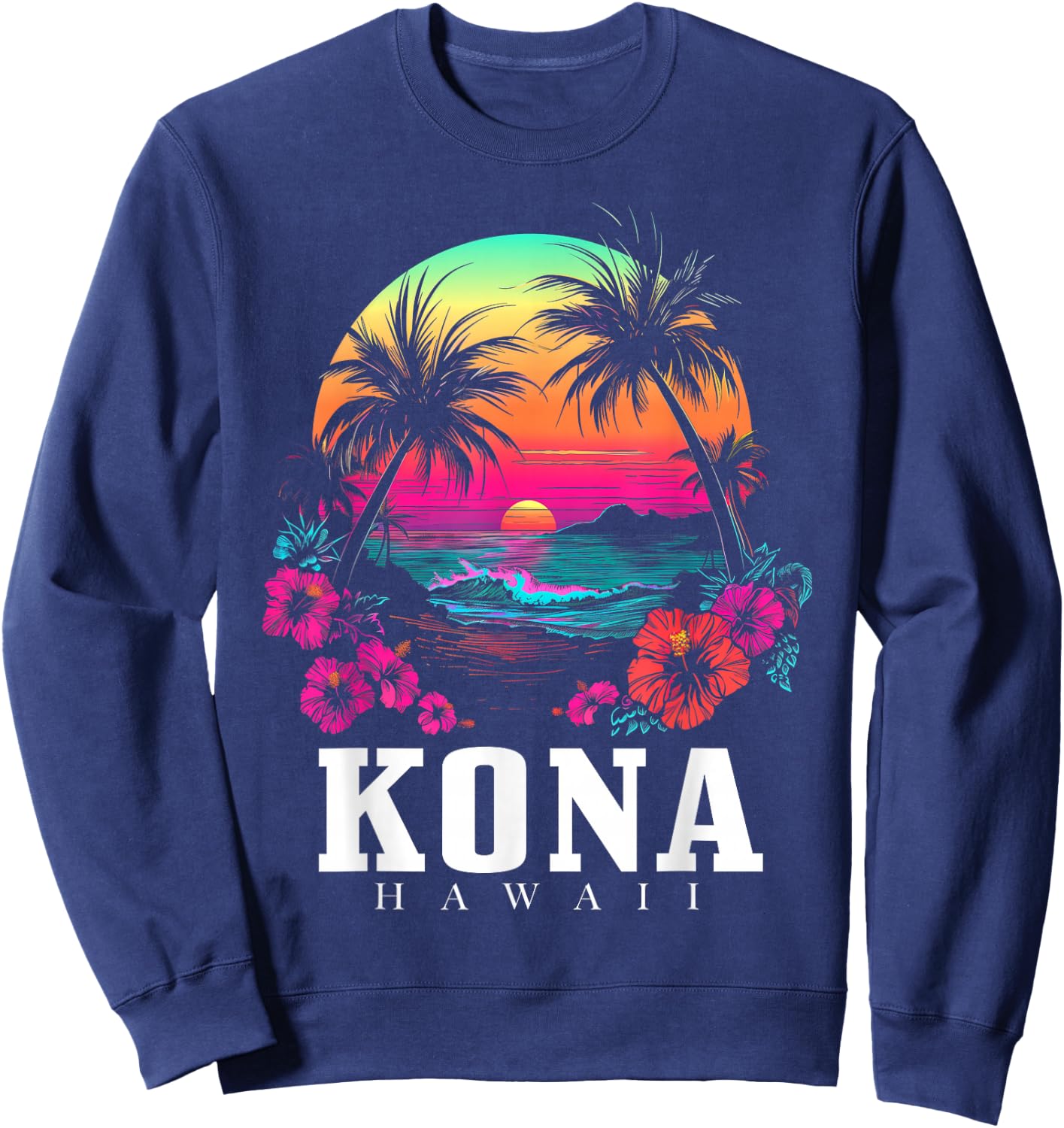 Kona Hawaii Hawaiian Hibiscus Flowers Surfer Souvenir Sweatshirt - Sweatshirt | Navy