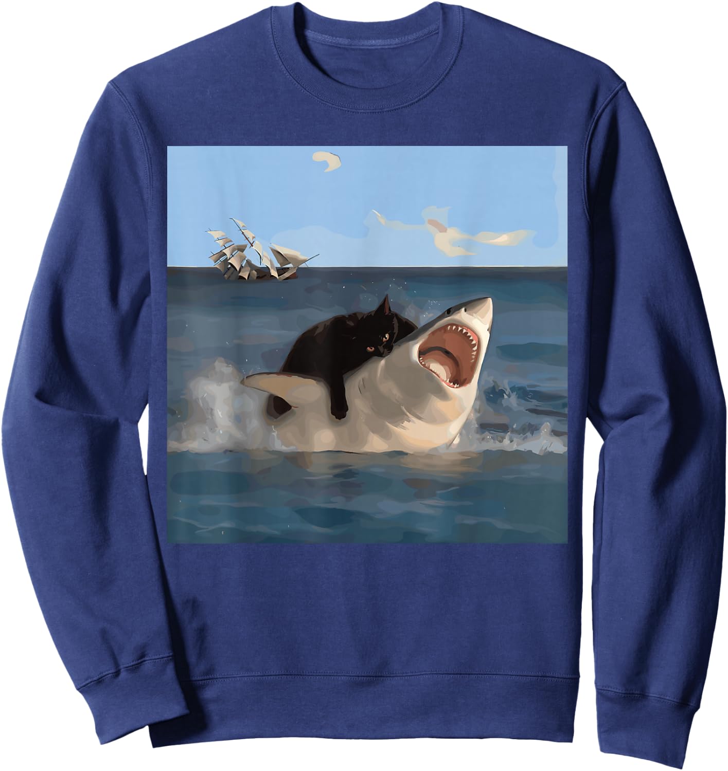 Cat Biting Shark Lustiger Kunst- und Katzenliebhaber Lustige Katze und Hai Sweatshirt - Sweatshirt | Navy