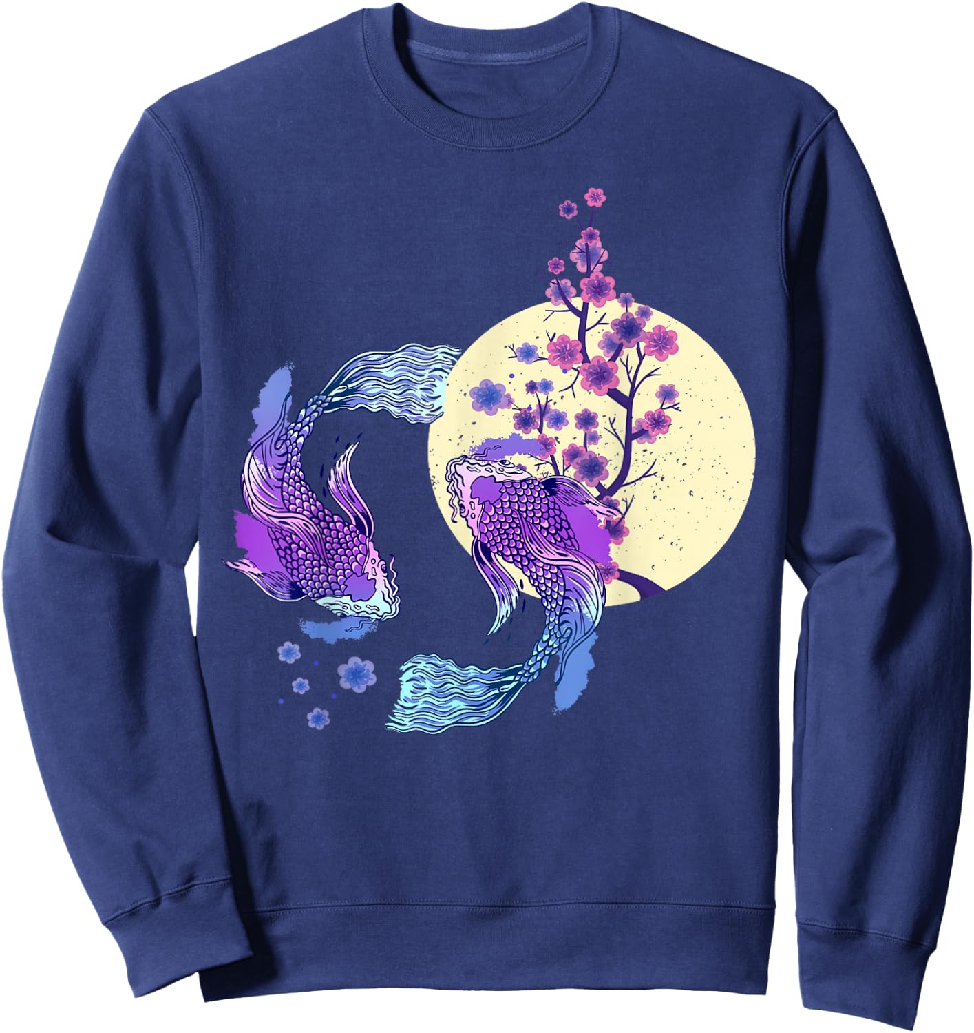 Koi Japanese Koi Carp Full Moon Yin Yang Cherry Blossom Sweatshirt - Sweatshirt | Navy