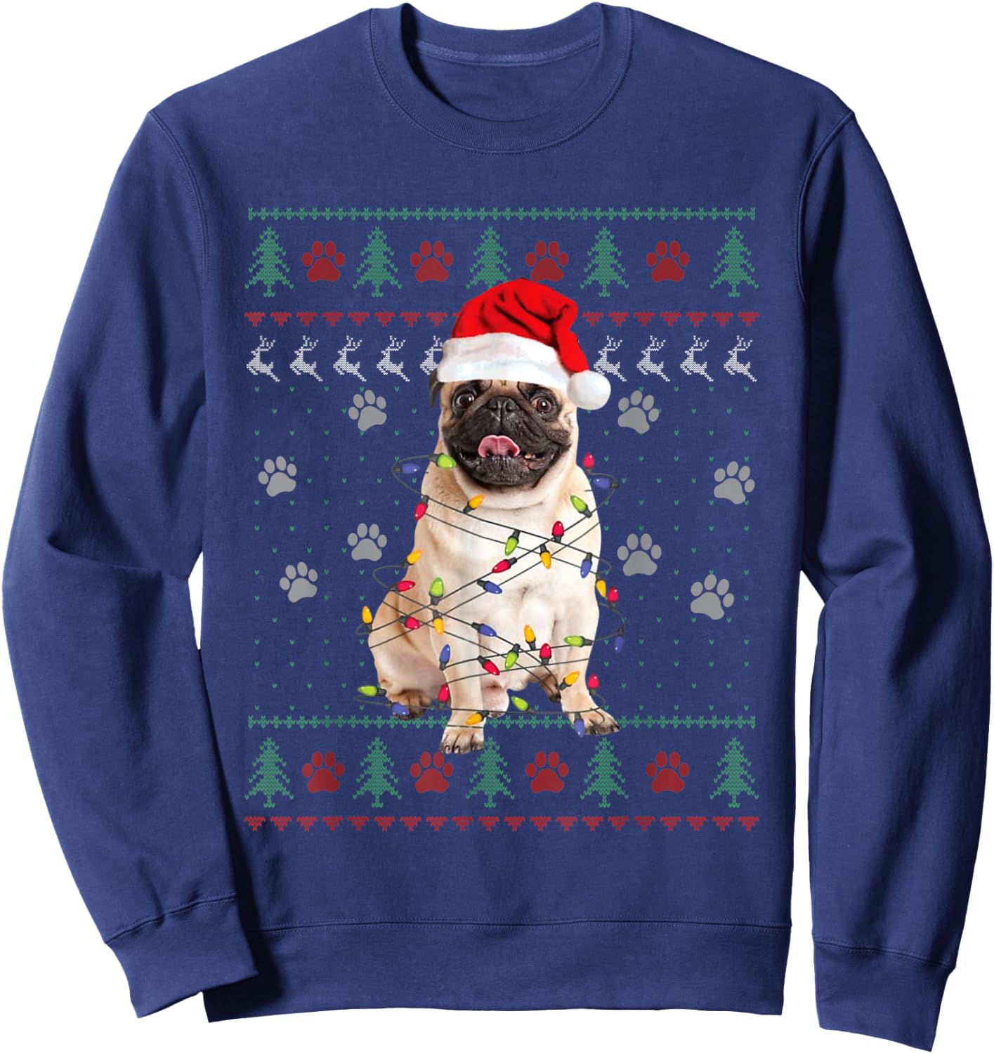 Pug Dog Ugly Christmas Sweater Santa Hat Animal Xmas Pajama Sweatshirt - Sweatshirt | Navy
