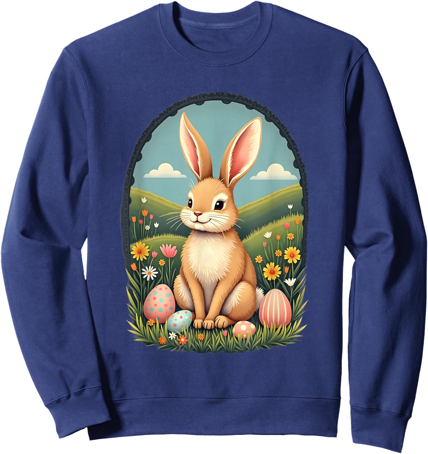 Cute and Playful Adorable Easter Bunny with Painted Eggs Sweatshirt - Sweatshirt | Navy