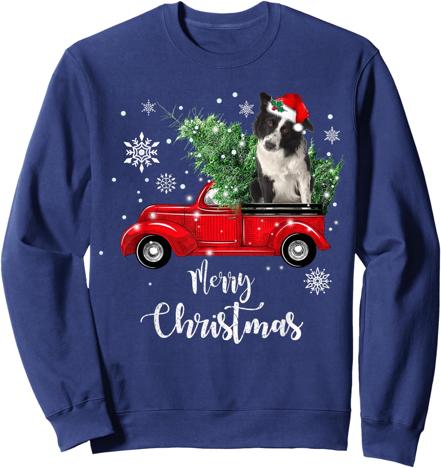 Red Truck Merry Christmas Tree Border Collie Dog Christmas Sweatshirt - Sweatshirt | Navy