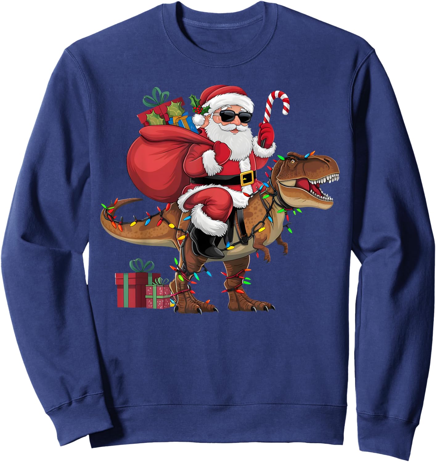 Xmas Lighting Santa Riding Dinosaur T-Rex Christmas Sweatshirt - Sweatshirt | Navy