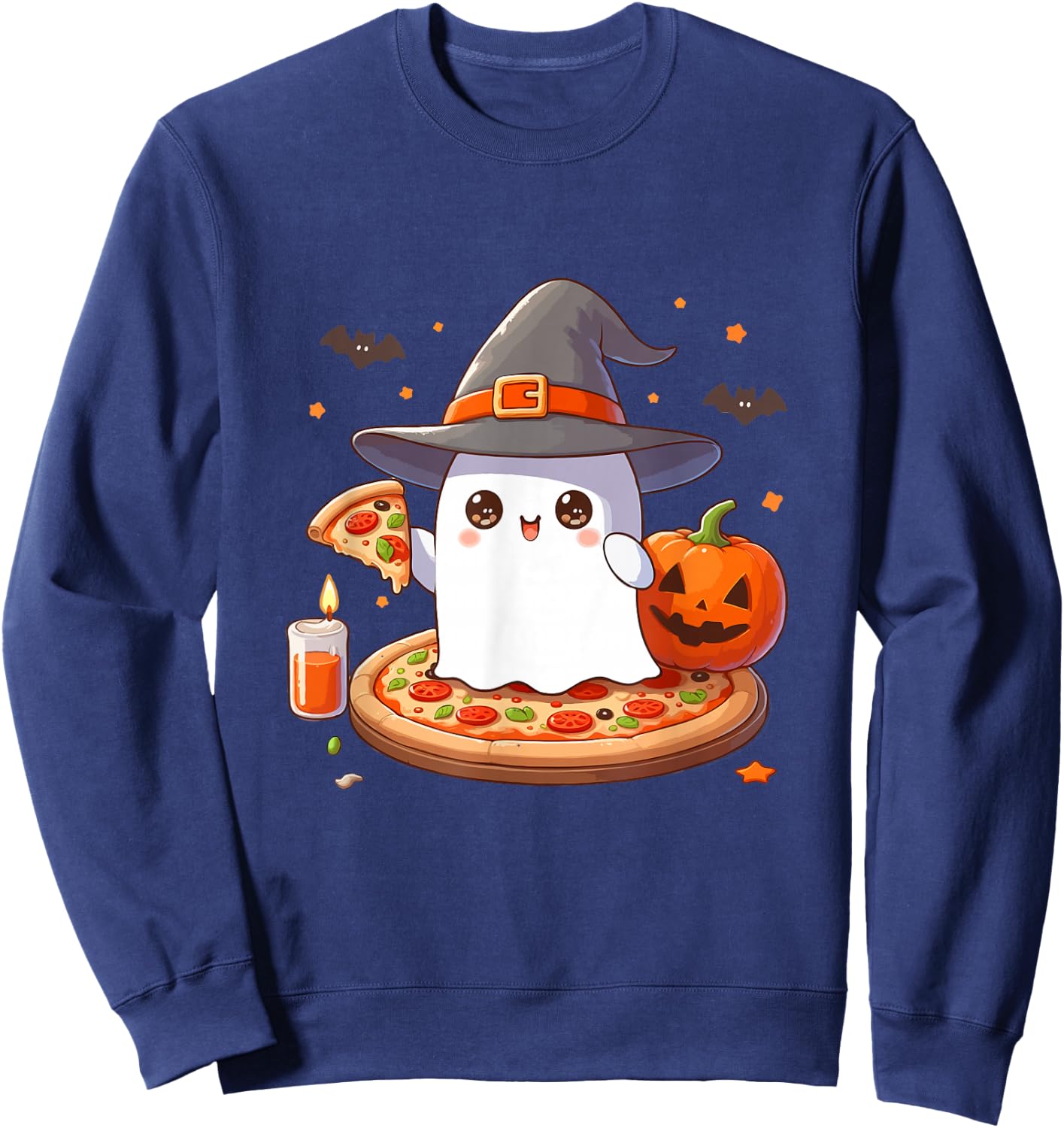 Halloween Cute Ghost Eating Pizza, Cute Ghost Pumpkin Pizza Sweatshirt - Sweatshirt | Navy