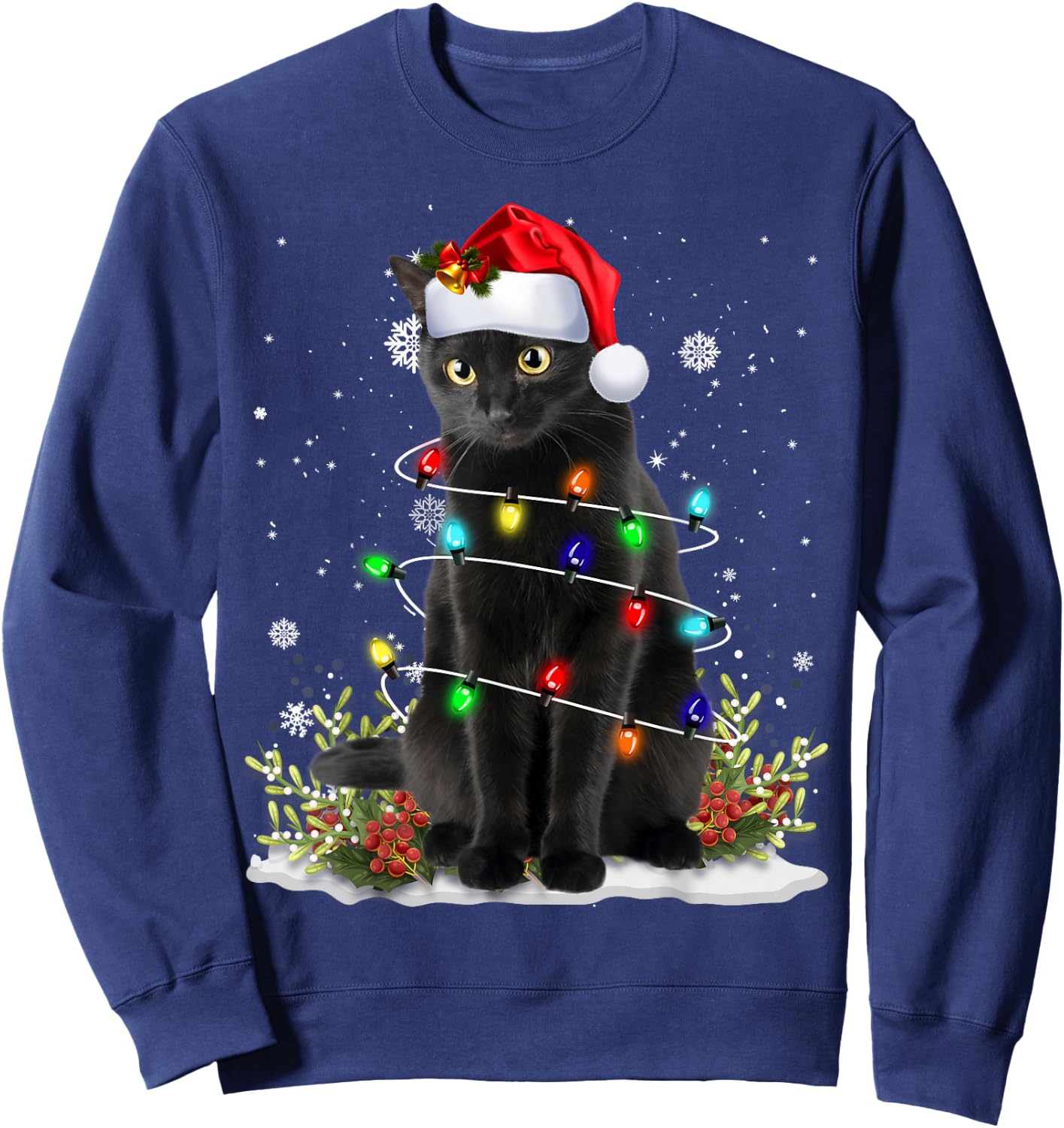 Black Cat Christmas Santa Hat Funny Meowy Cats Women Men Sweatshirt - Sweatshirt | Navy