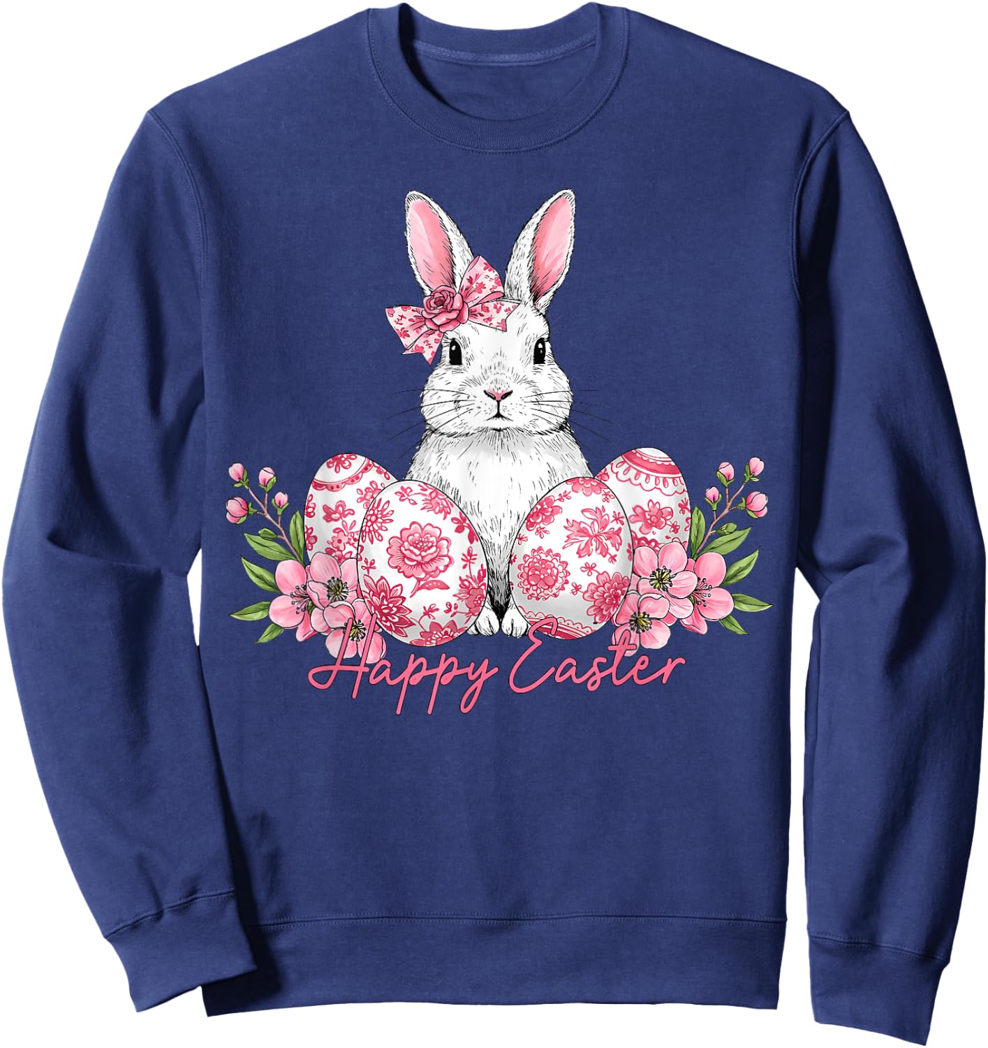 Happy Easter Chinoiserie Eggs Florals Bunny Coquette Bow Sweatshirt - Sweatshirt | Navy