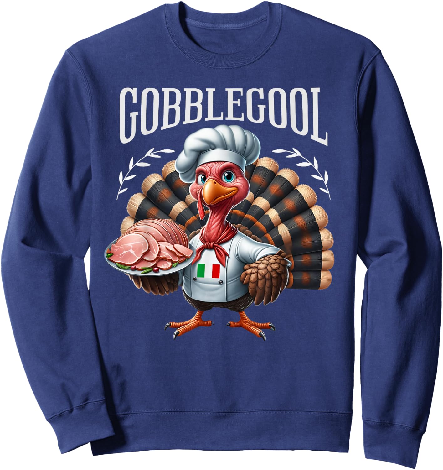 Funny Gobblegool Turkey Cheef Shirt - Adults Thanksgiving Retro Cartoon Turkey - Black, Small, Short Sleeve Sweatshirt - Sweatshirt | Navy