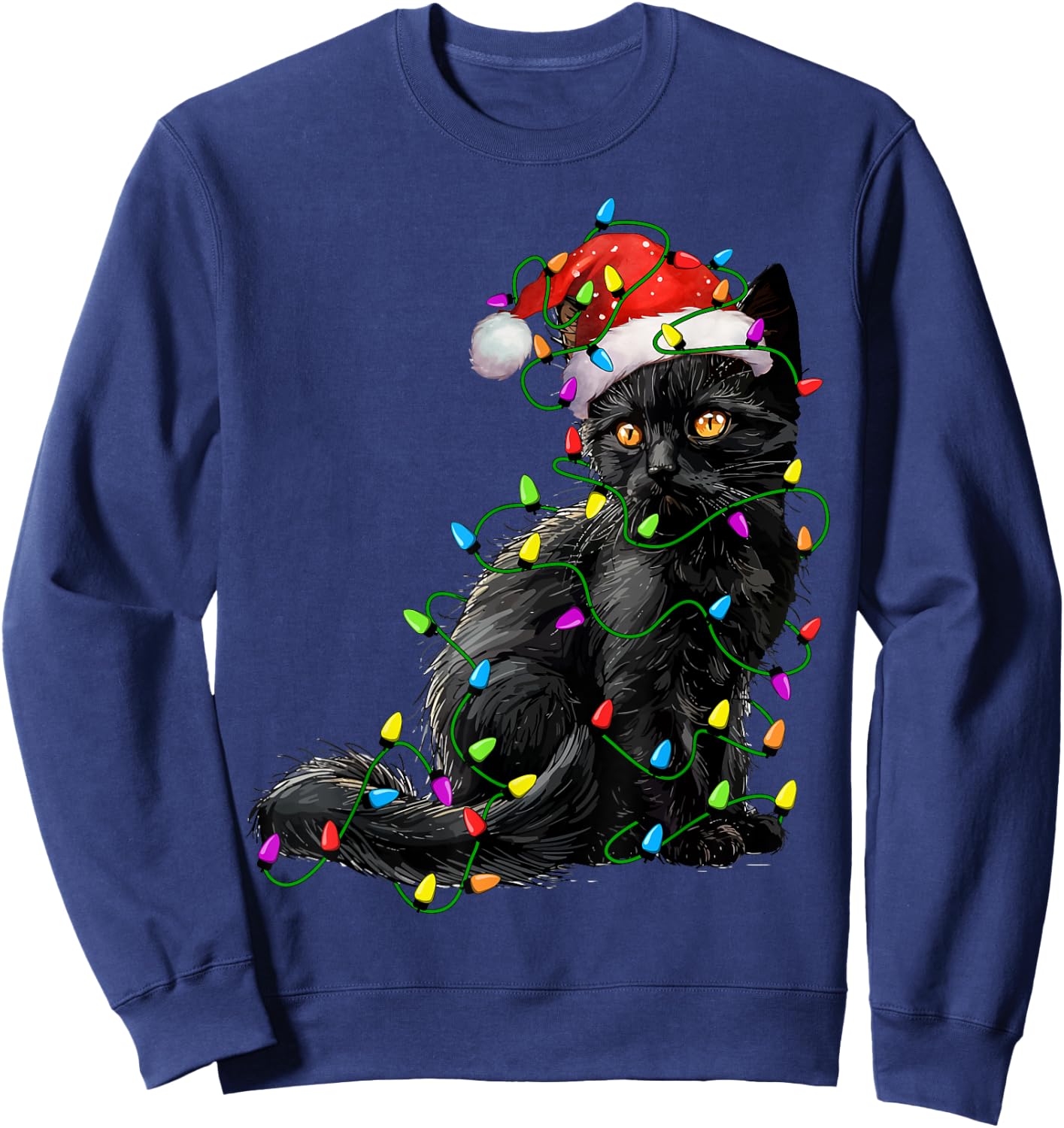 Black Cat Santa Christmas Tree Lighting Xmas Funny Sweatshirt - Sweatshirt | Navy