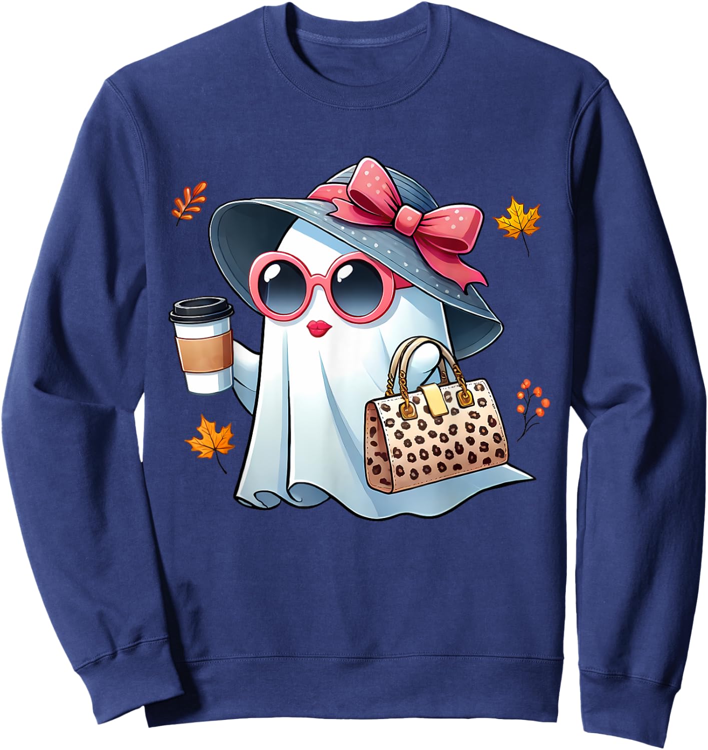 Cute Ghost Halloween Boujee Drinking Coffee Women Girls Fall Sweatshirt - Sweatshirt | Navy