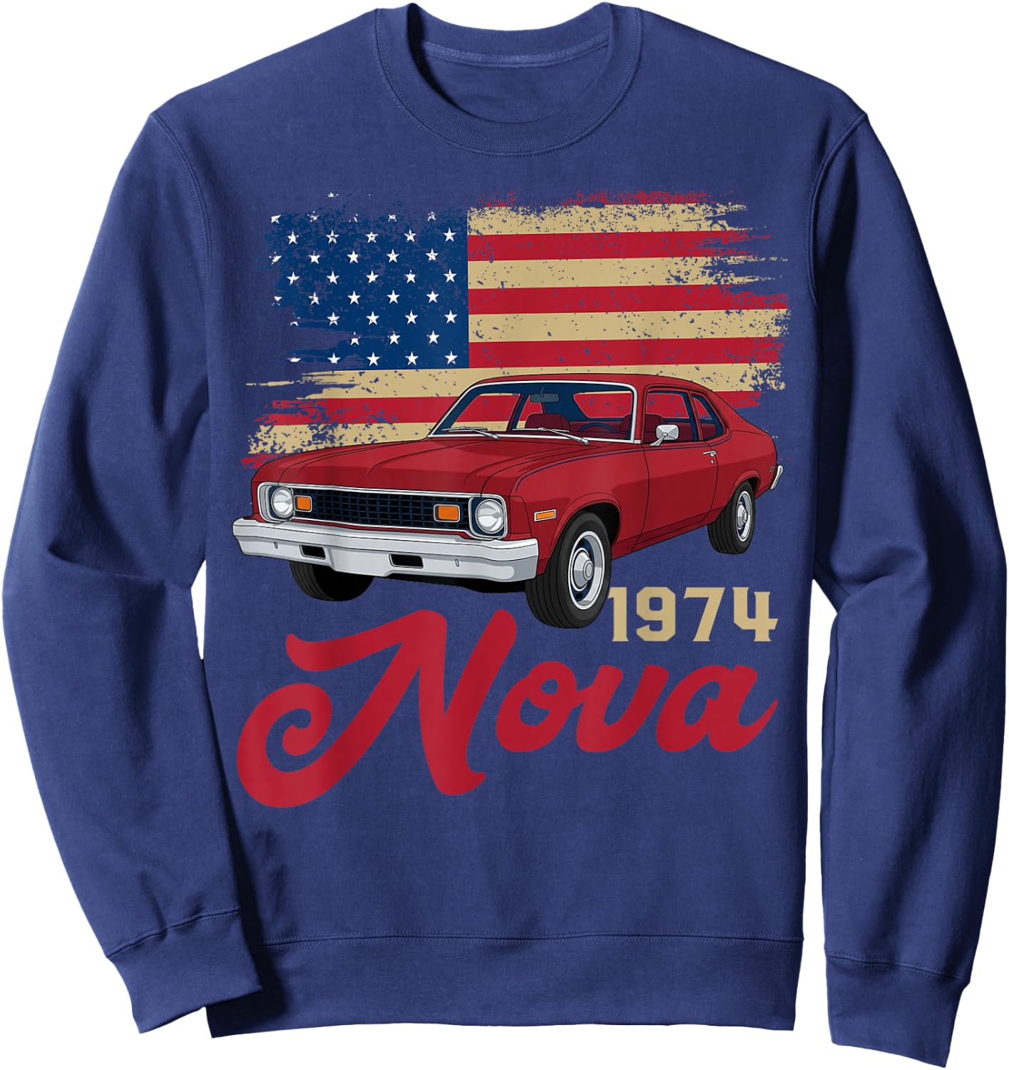 1974 74 Nova Silhouette Muscle Car American Flag Sweatshirt - Sweatshirt | Navy