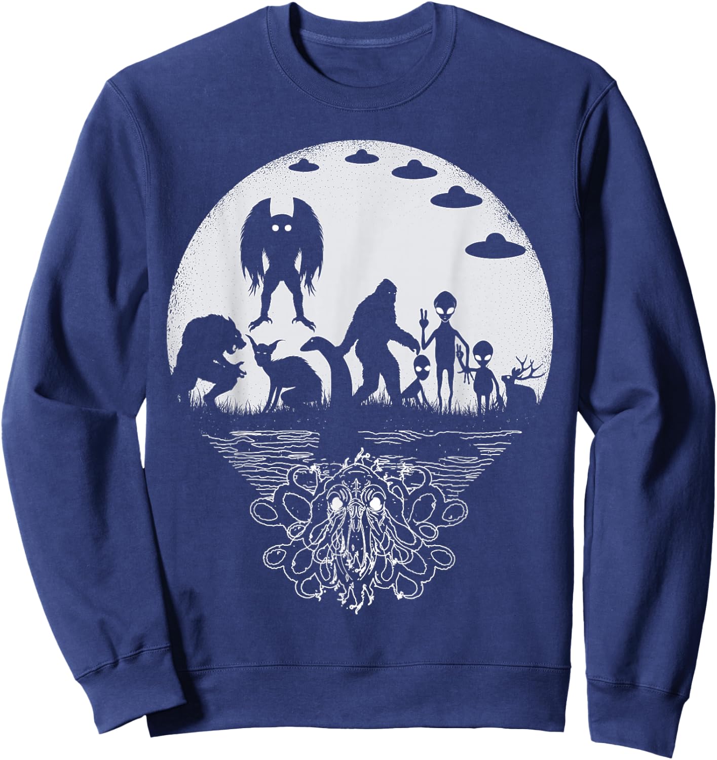 Bigfoot Mothman Loch Ness Monster And Aliens! Funny Cryptid Sweatshirt - Sweatshirt | Navy