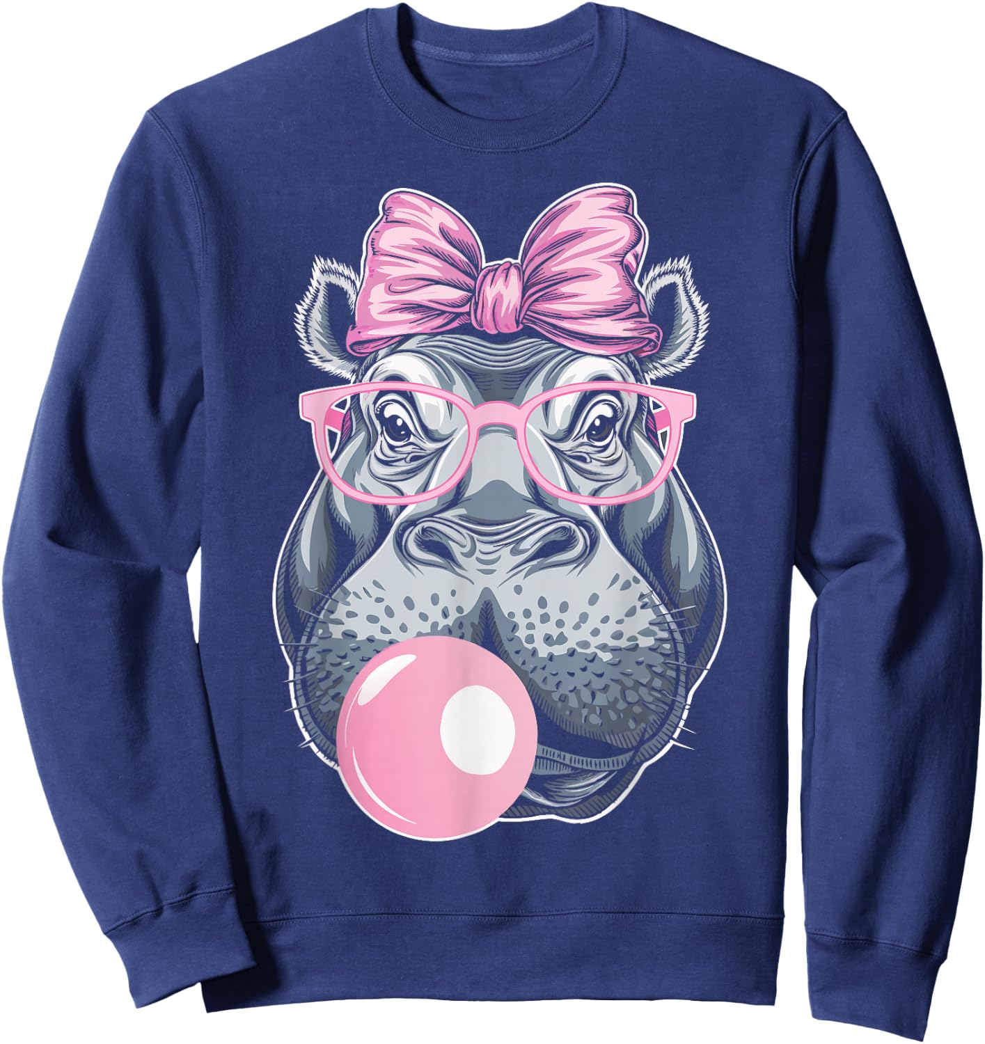 Hippo Wearing Glasses and Blowing Pink Bubble Gum Sweatshirt - Sweatshirt | Navy