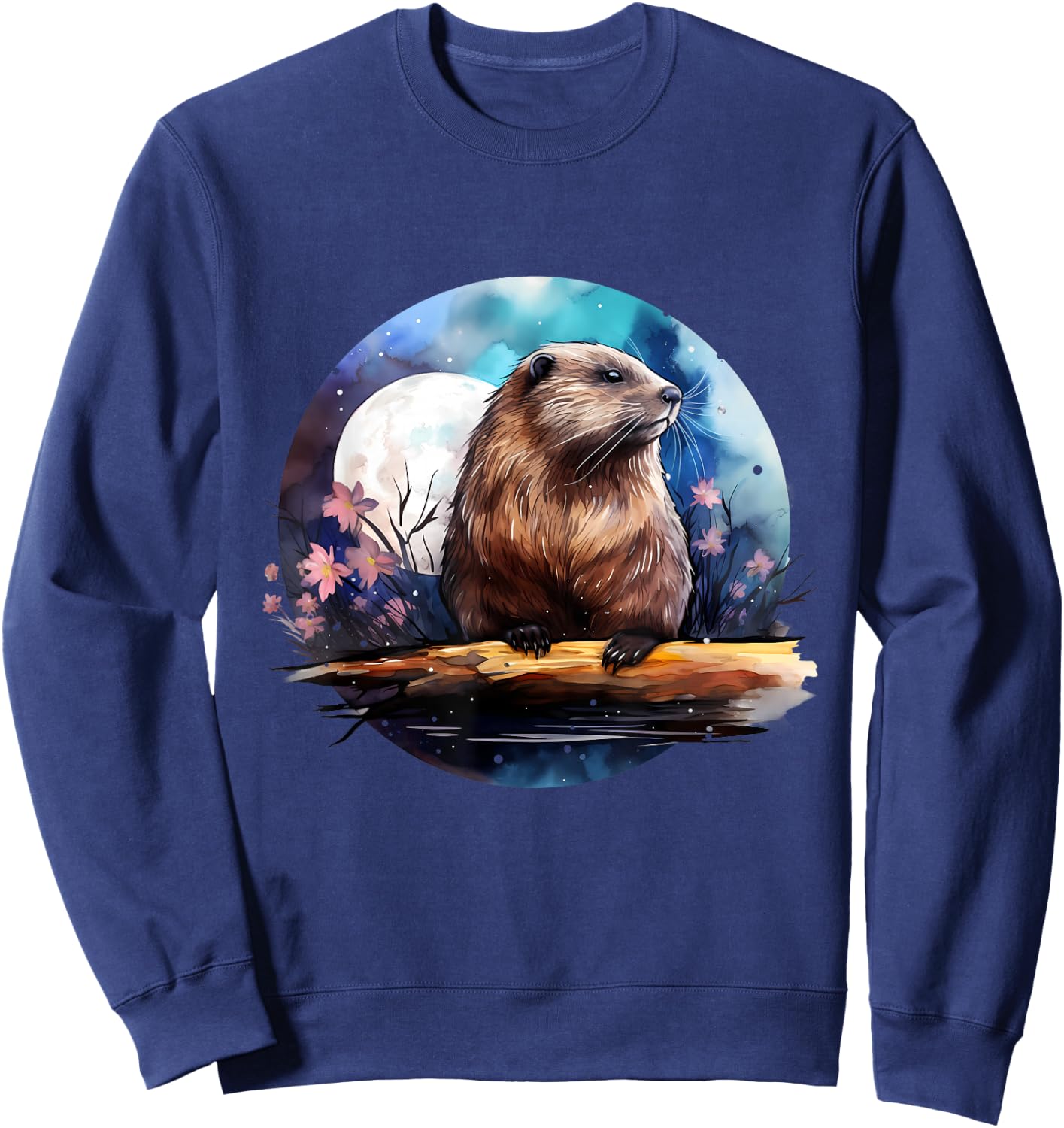 Beaver Flowers Colourful Animal Art Artwork Nature Forest Sweatshirt - Sweatshirt | Navy