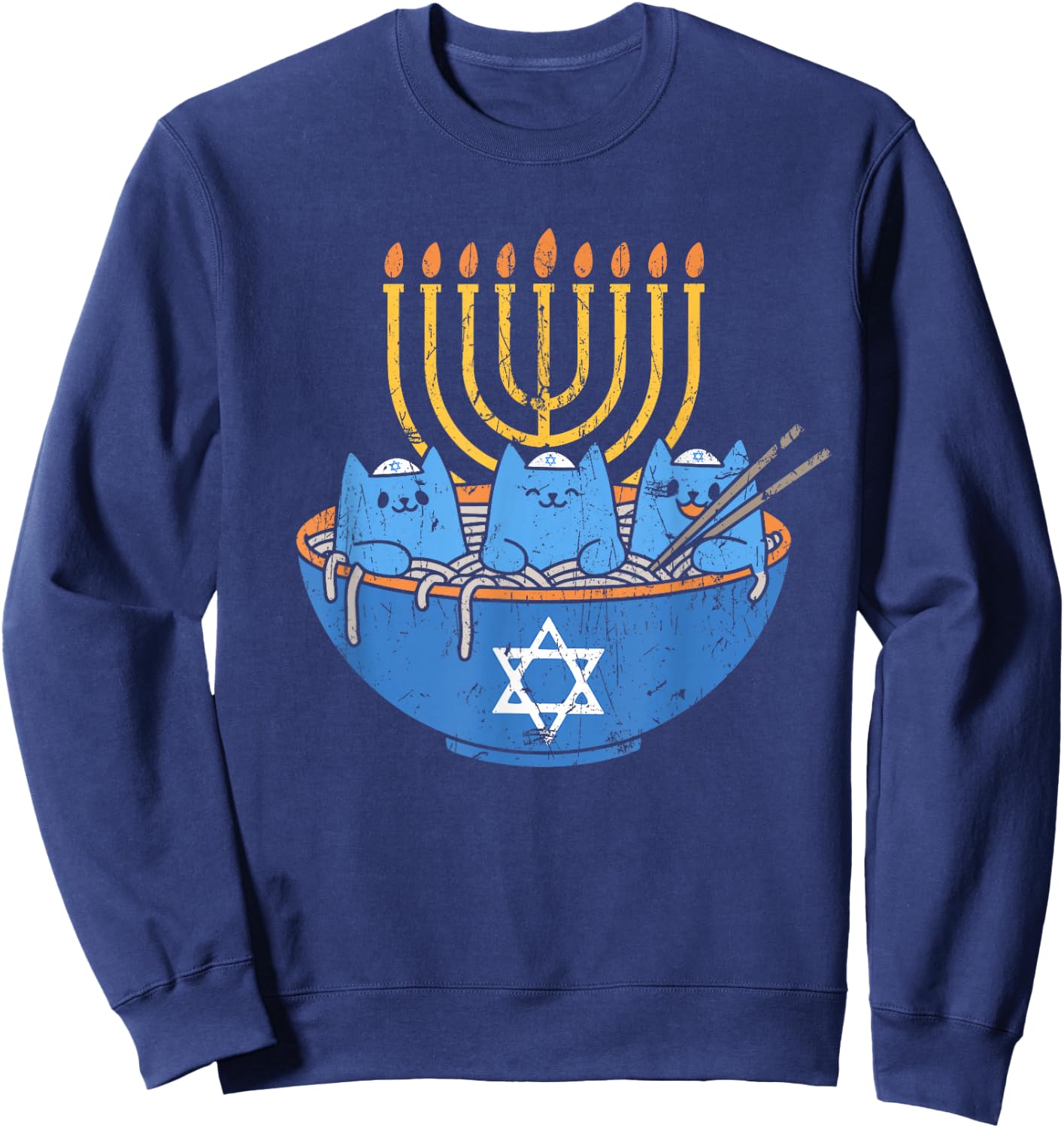 Chanukah Lover Hanukkah Gifts Jewish Cats Ramen Kitten Anime Hanukkah - -Adult, Anime, Cat Lovers, Families - Black, Small, Short Sleeve Sweatshirt - Sweatshirt | Navy