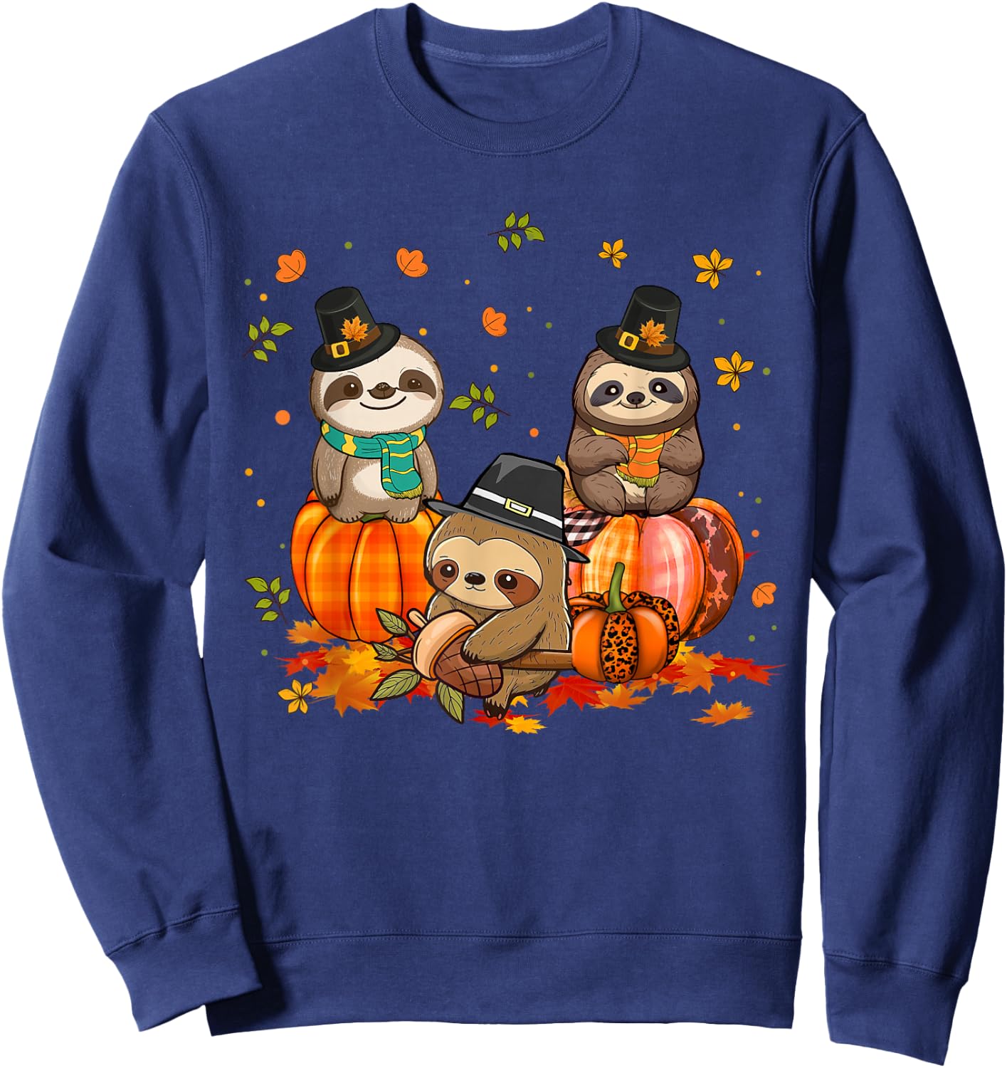 Sloth Pumpkin Leopard Buffalo Plaid Fall Thanksgiving Sweatshirt - Sweatshirt | Navy