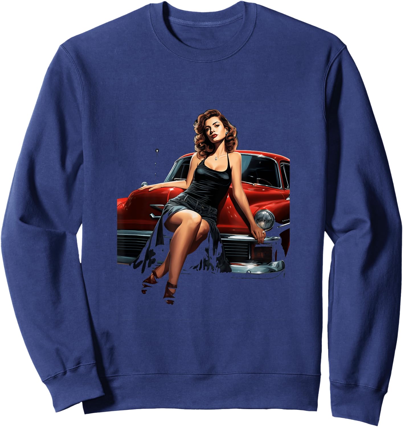 Pinup Girl Vintage Classic Car Hotrod Rockabilly Sweatshirt - Sweatshirt | Navy