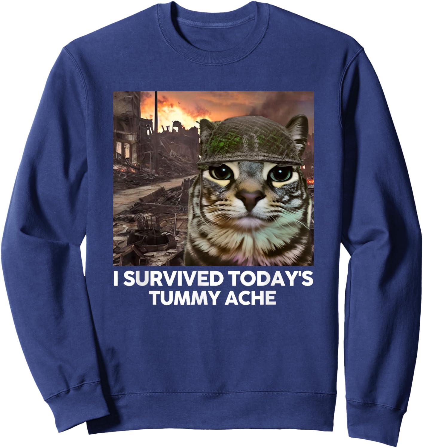 I Survived Today's Tummy Ache Funny Cat Meme Men Women Girls Kids Sweatshirt - Sweatshirt | Navy