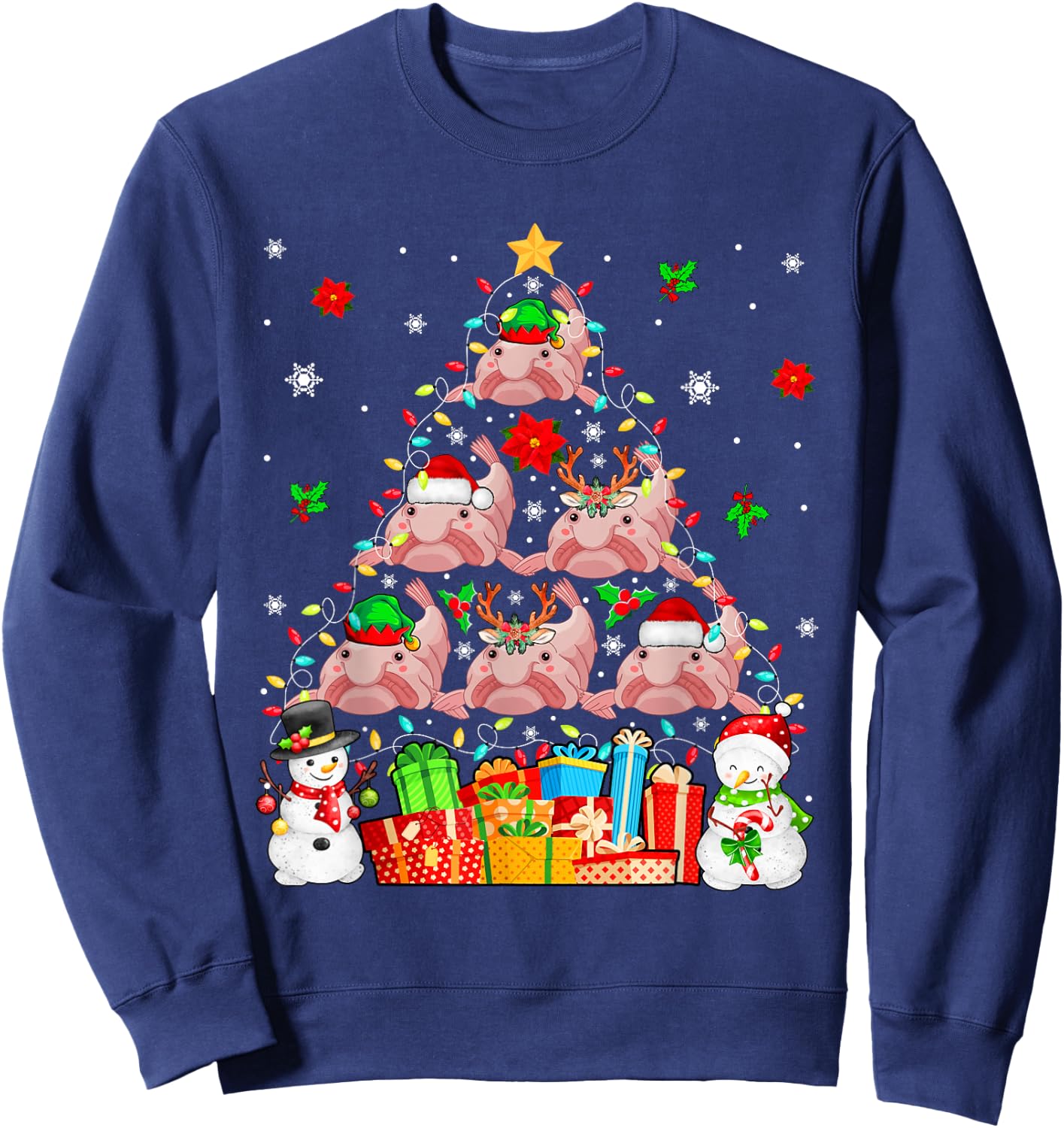 Group Santa Reindeer Elf Blobfishes As Xmas Tree Snowmen Sweatshirt - Sweatshirt | Navy