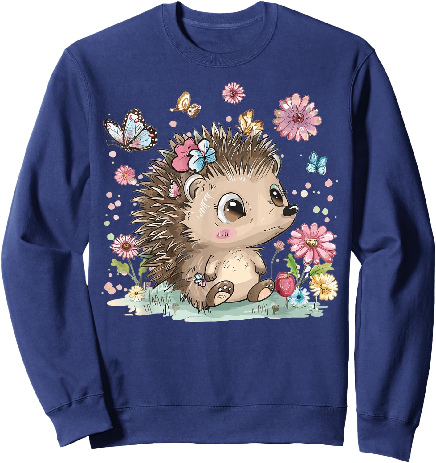 Cute Hedgehog With Flowers I Hedgehog Sweatshirt - Sweatshirt | Navy