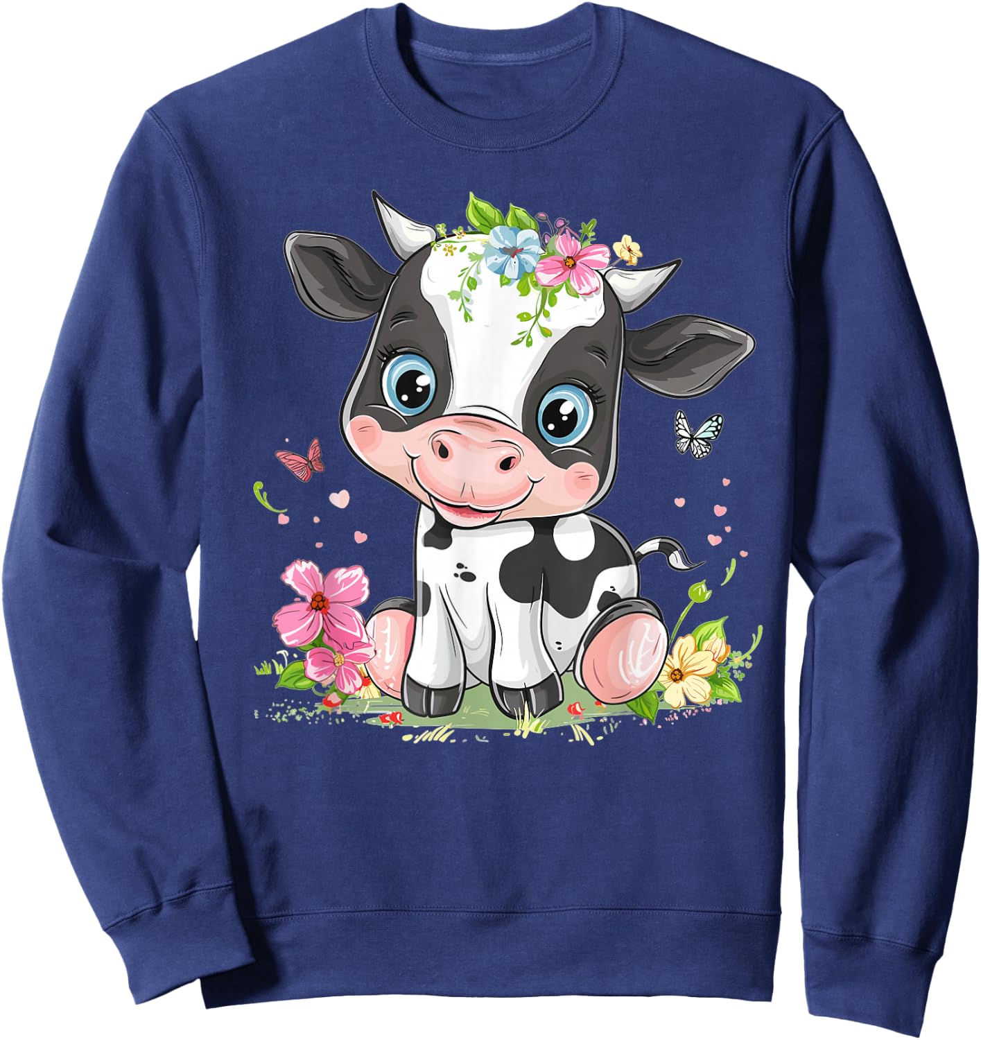 Cute Cow With Flowers I Kids Cow Sweatshirt - Sweatshirt | Navy