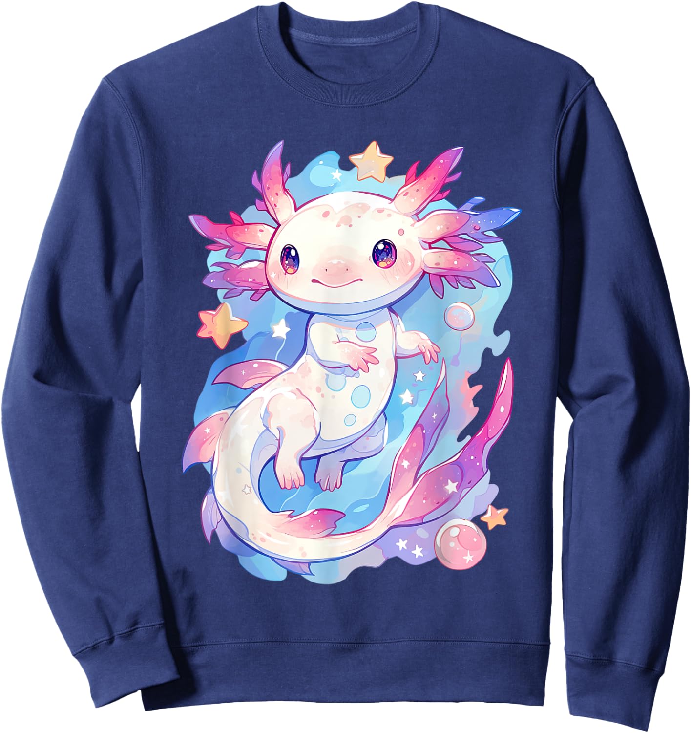 Kawaii Pastel Goth Cute Pink Axolotl with Stars and Moon Sweatshirt - Sweatshirt | Navy
