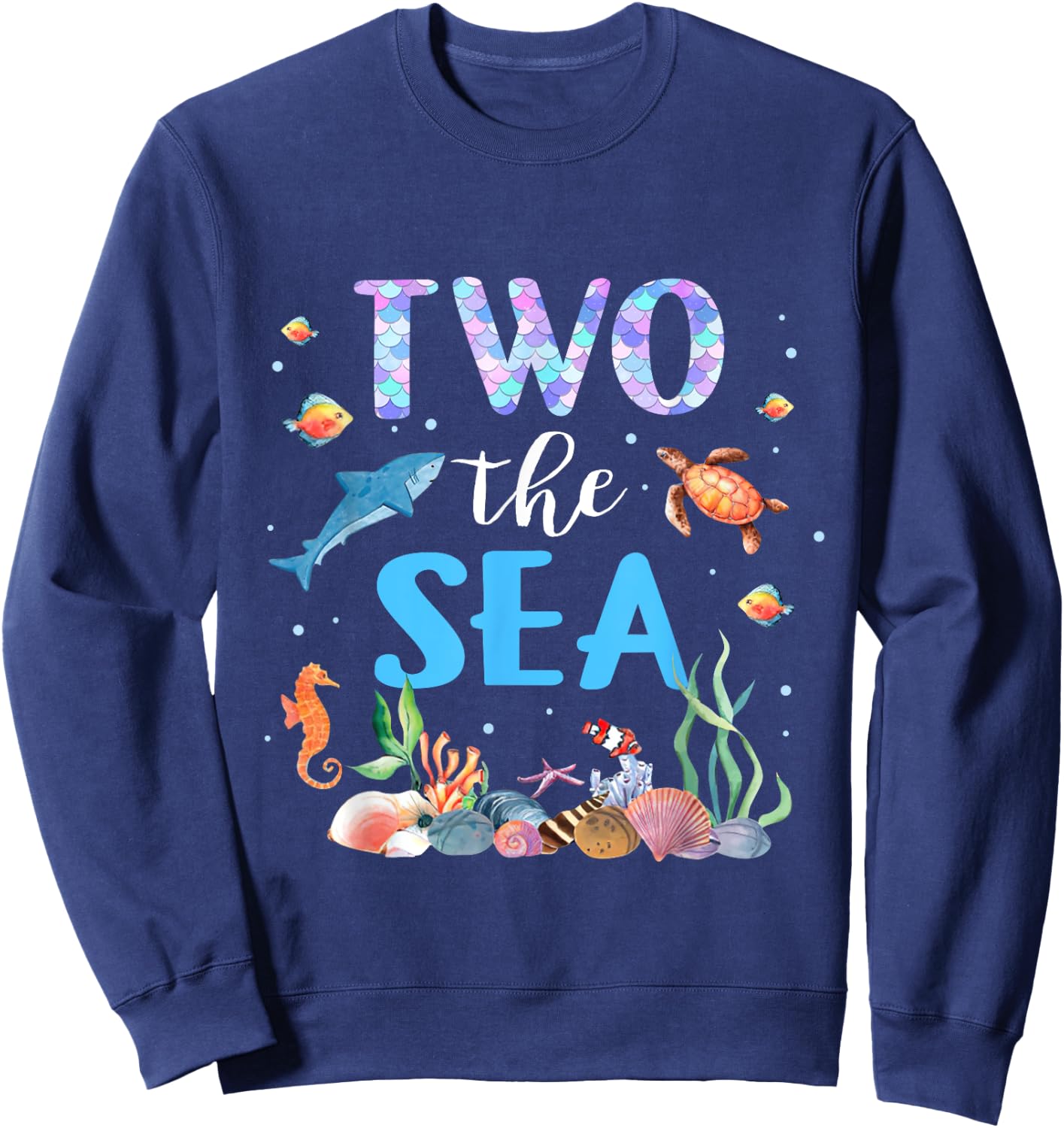 Two The Sea 2nd Birthday Baby Girl Outfits Mermaid Turtle Sweatshirt - Sweatshirt | Navy
