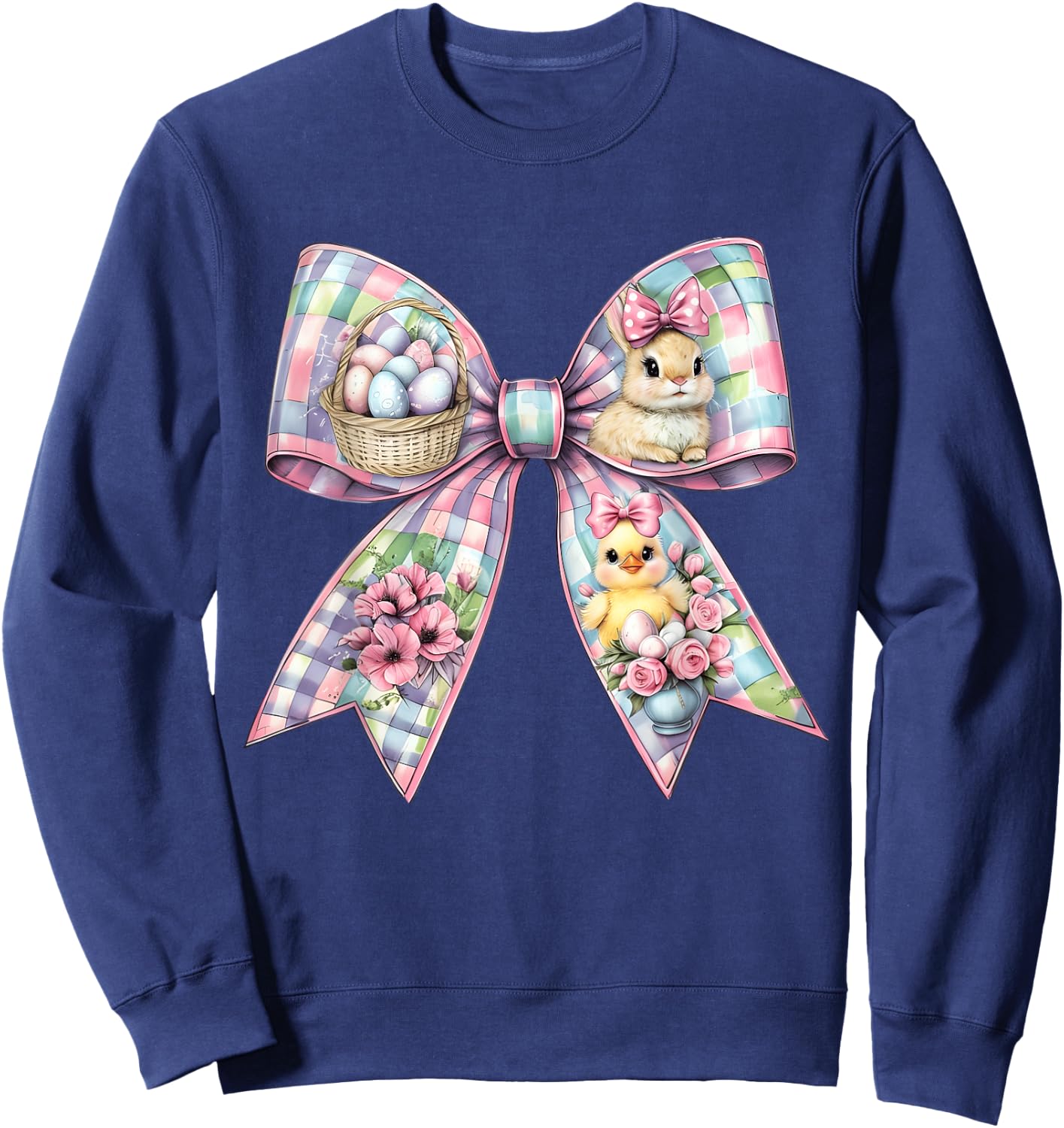 Happy Easter Bunny Coquette Bow Floral Spring Women Girl Kid Sweatshirt - Sweatshirt | Navy