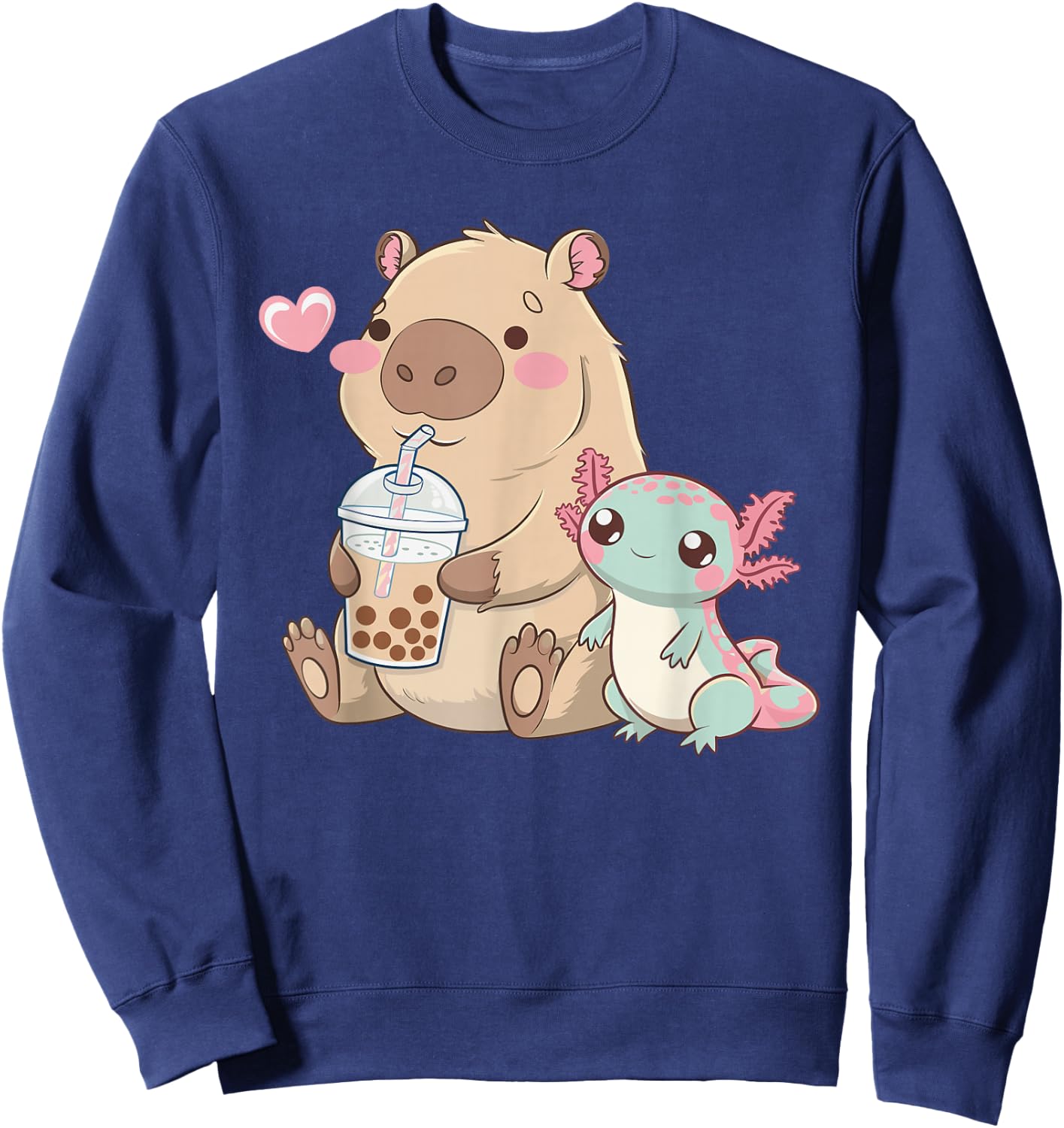 Cute Axolotl Lover Capybara Kawaii Anime Drinking Bubble Tea Sweatshirt - Sweatshirt | Navy