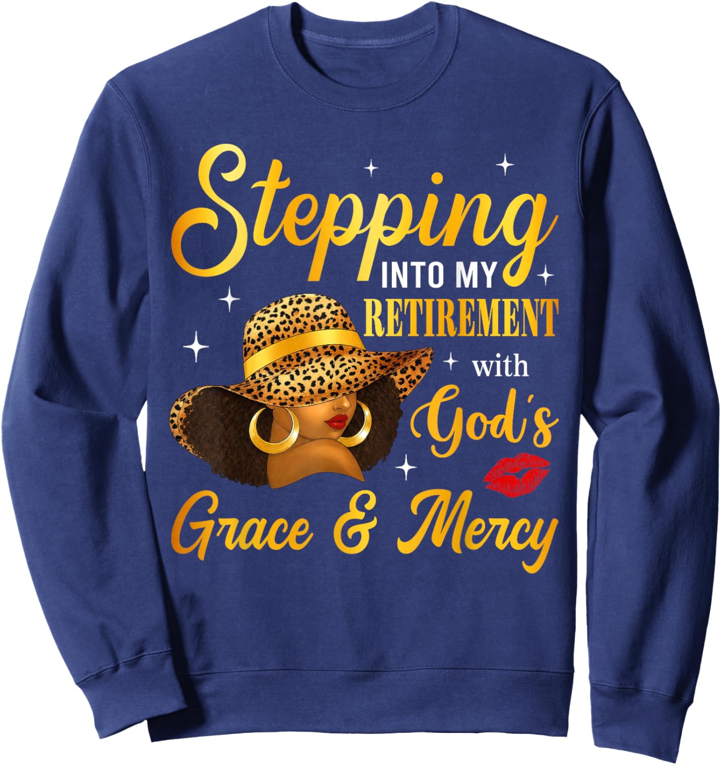 Stepping Into Retirement Afro Woman Leopard Sun Hat Retired Sweatshirt - Sweatshirt | Navy