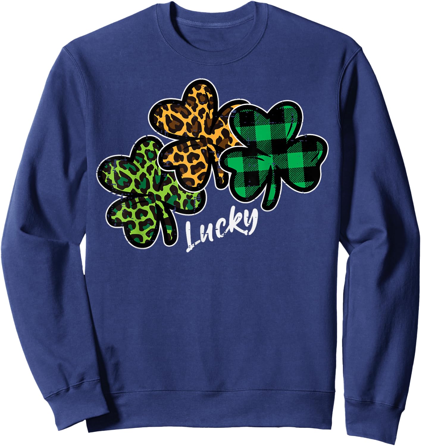 Leopard Shamrocks Lucky St Patricks Day Women Girls Kids Sweatshirt - Sweatshirt | Navy