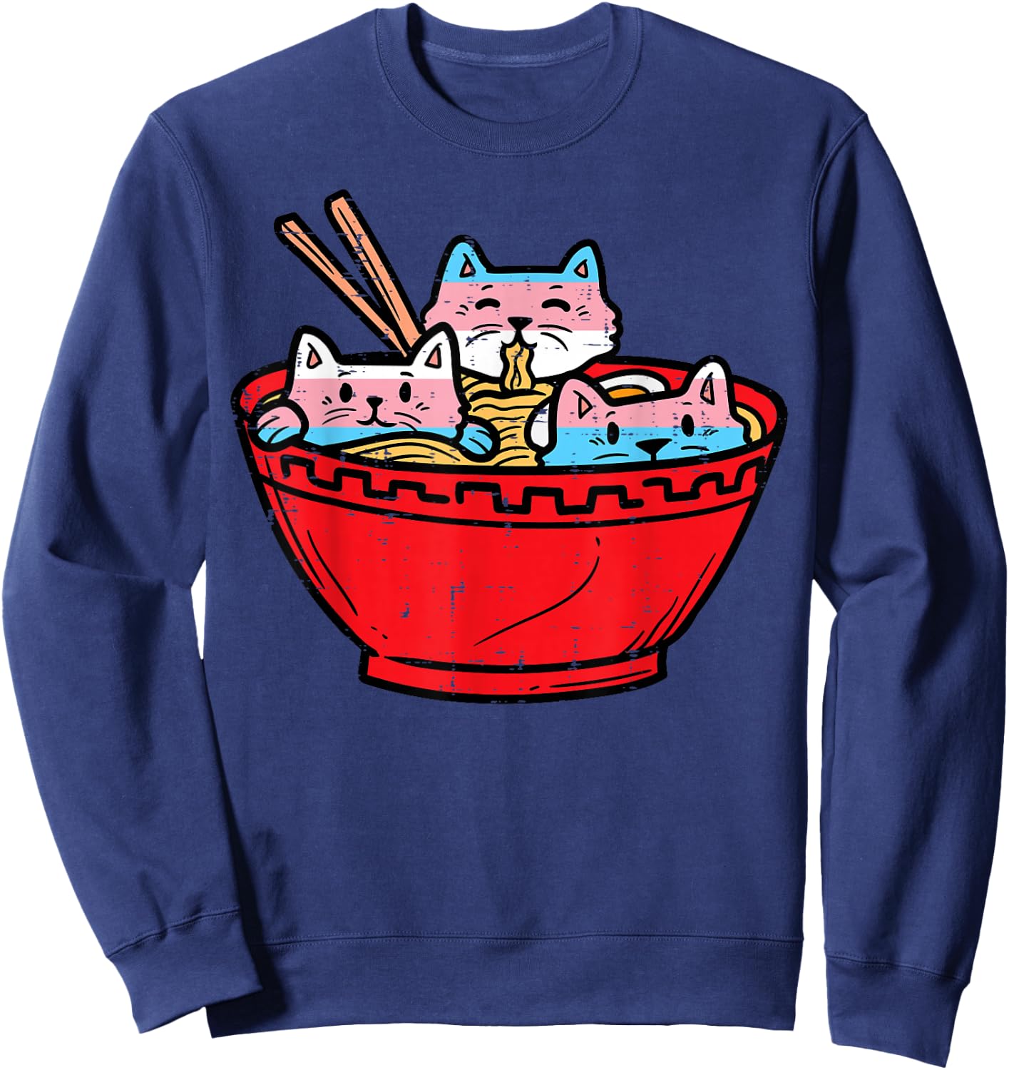 Ramen Cats Transgender Trans Pride Flag Japanese Noodle Food Sweatshirt - Sweatshirt | Navy
