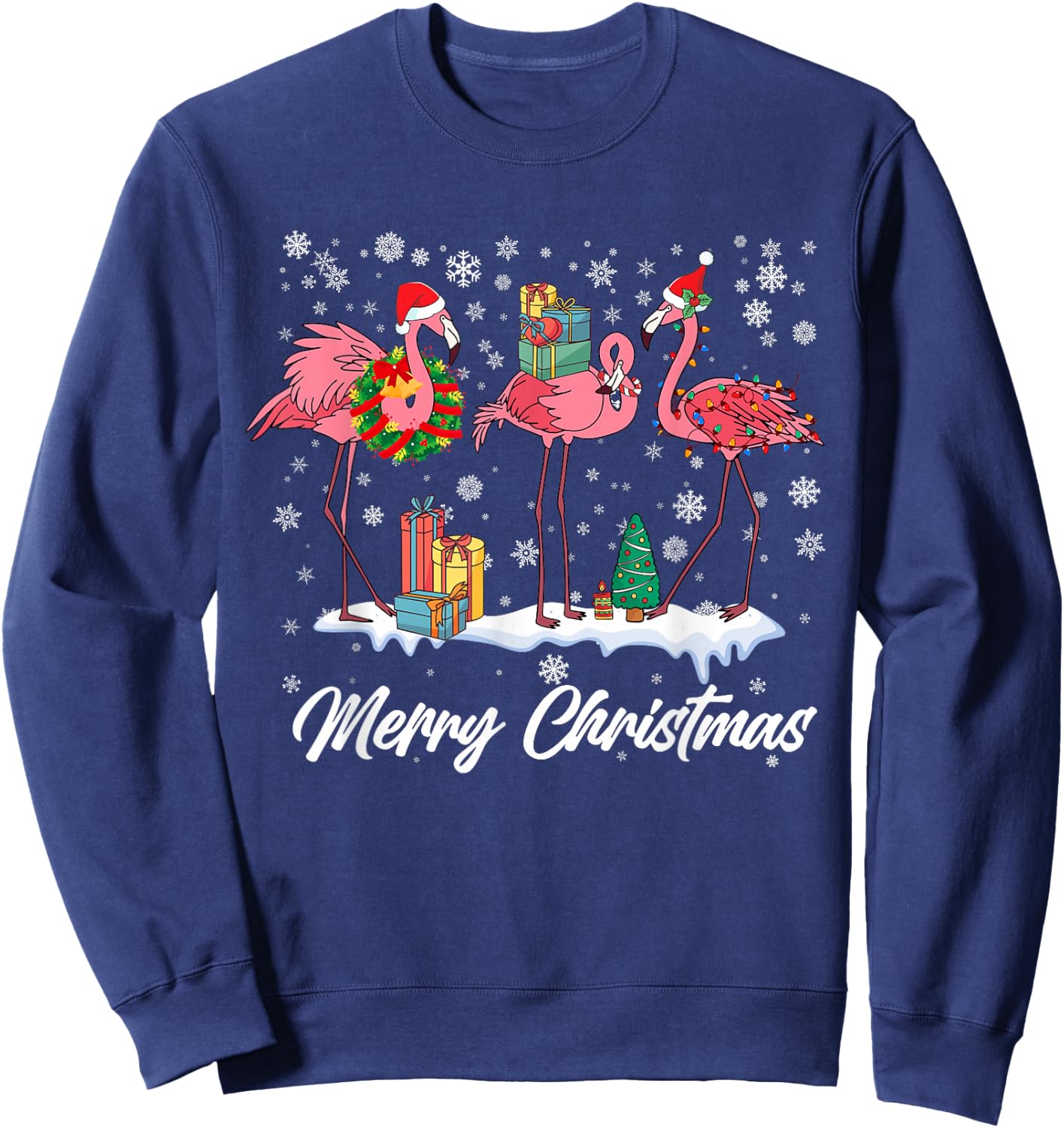 Pink Flamingo Hat Santa Merry Christmas Lights Girls Sweatshirt - Sweatshirt | Navy