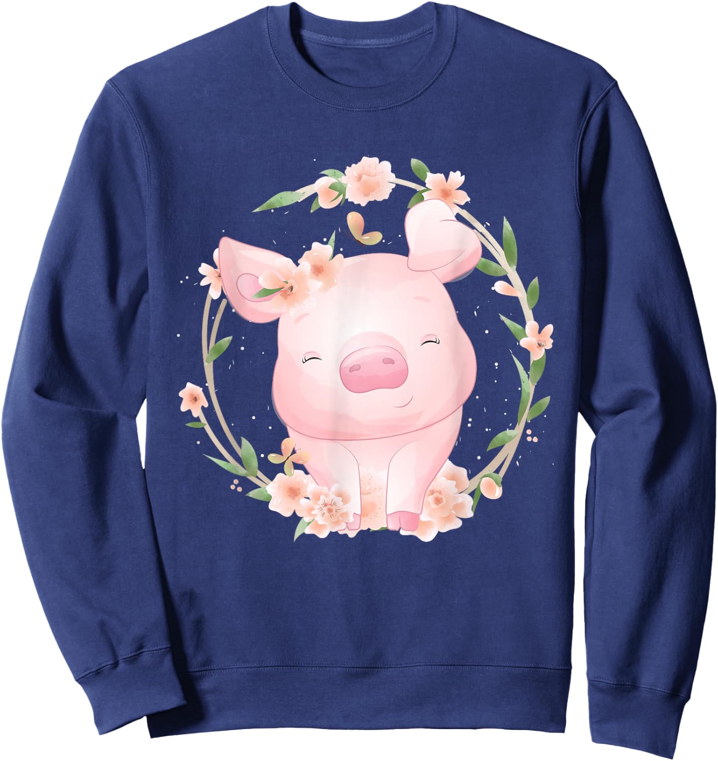 Cute Grinning Pig with Flowers Watercolour Sweatshirt - Sweatshirt | Navy