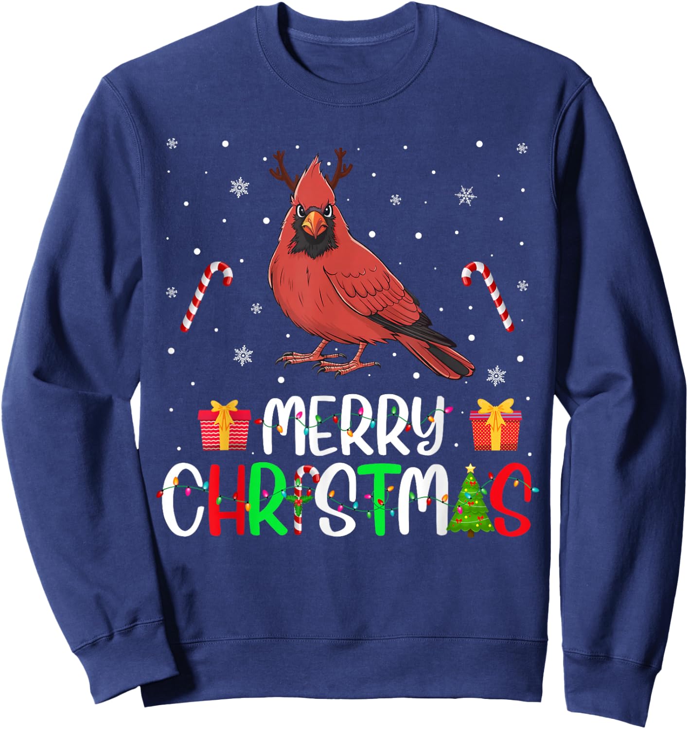 Merry Christmas Lights Cardinal Bird Reindeer Hat Xmas PJs Sweatshirt - Sweatshirt | Navy