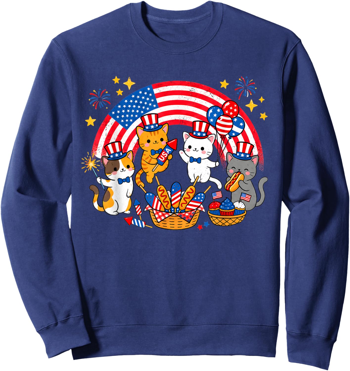 Patriotic Cat 4th of July Firework American Flag Women Girls Sweatshirt - Sweatshirt | Navy