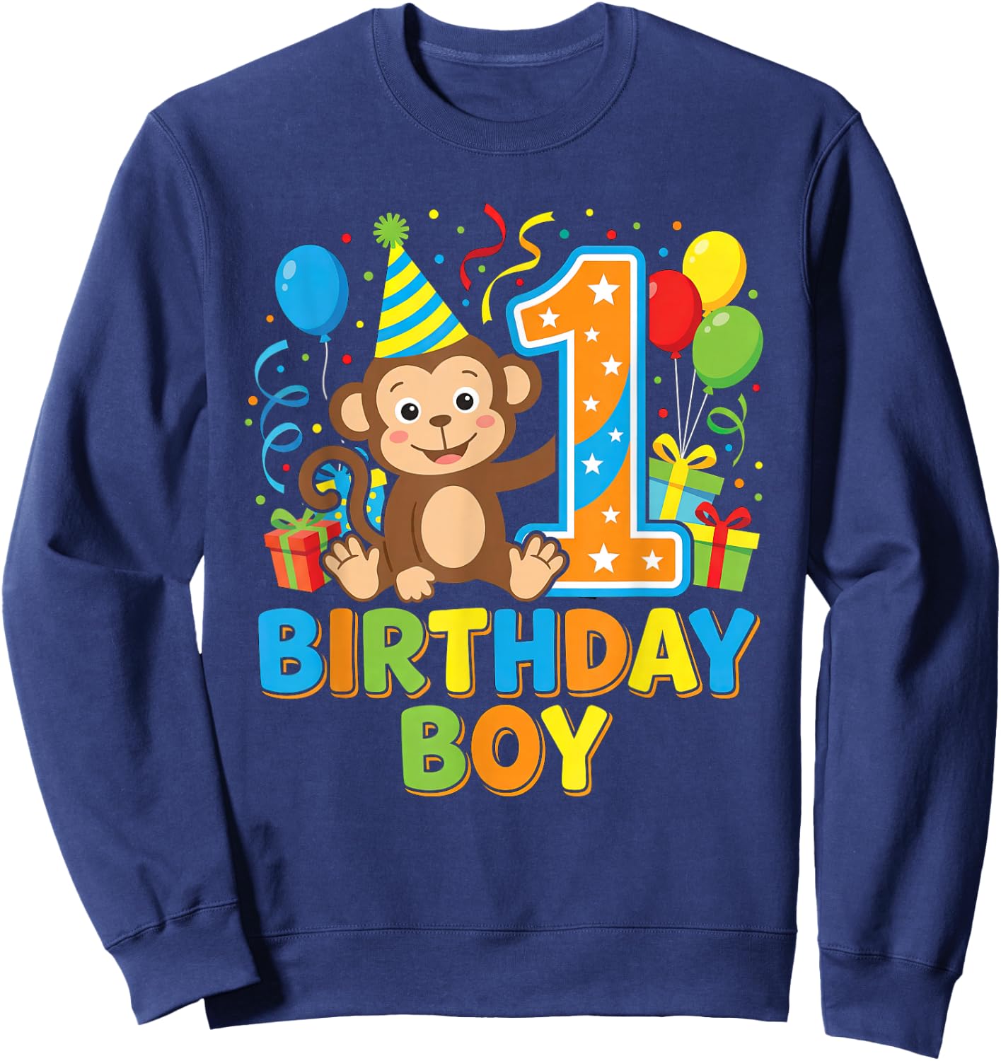 Cute Monkey One Year Old Boy Birthday Sweatshirt - Sweatshirt | Navy