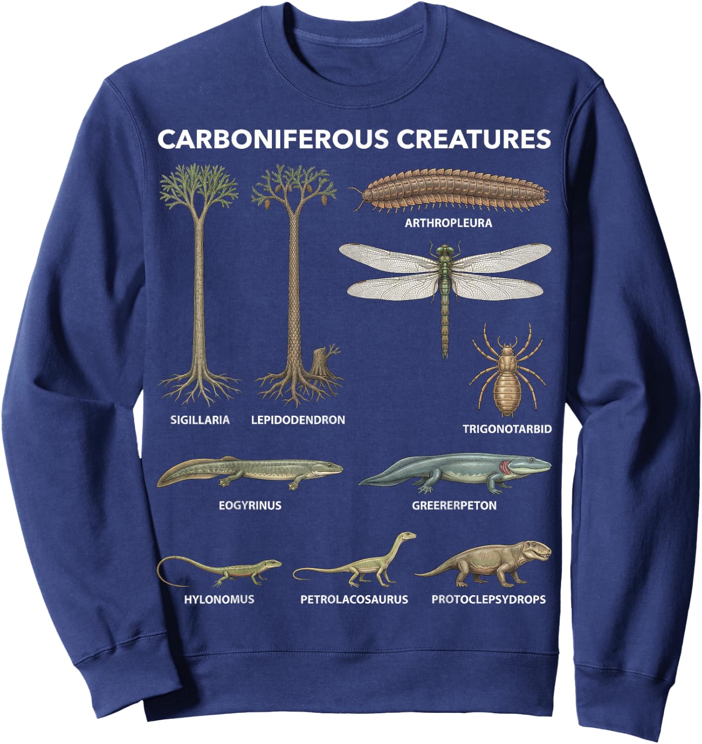 Carboniferous Creatures Paleontology Fossil Species Sweatshirt - Sweatshirt | Navy