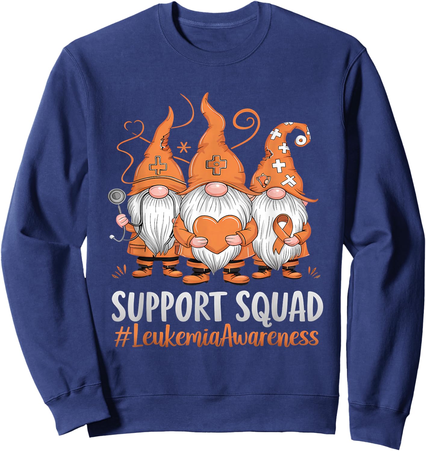 Leukemia Cancer Awareness Gnome Support Squad Orange Ribbon Sweatshirt - Sweatshirt | Navy