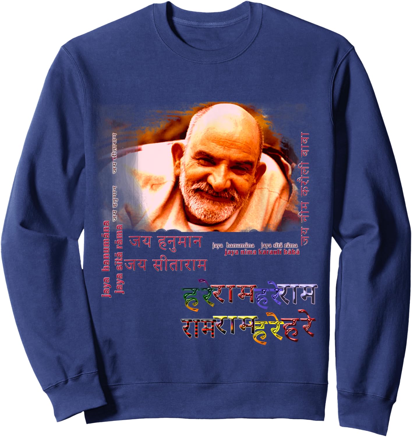 Baba Neem Karoli Maharaj with Hanuman Chalisa on Back Sweatshirt - Sweatshirt | Navy