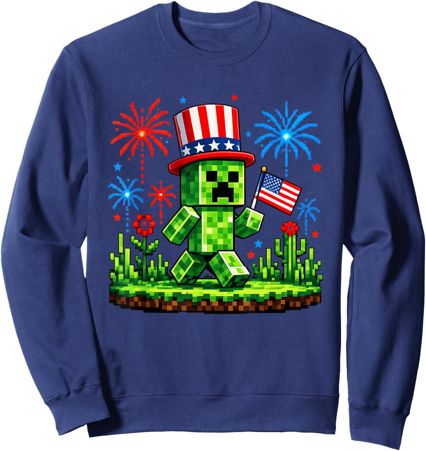 4th of July Gamer Pixel US Flag Patriotic Men Women Kids Sweatshirt - Sweatshirt | Navy