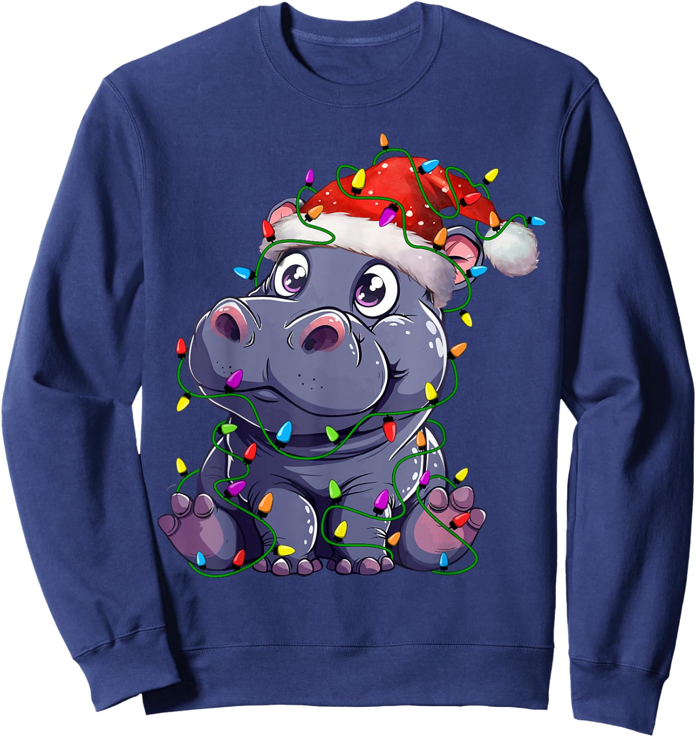 Hippopotamus Santa Christmas Tree Lighting Xmas Funny Sweatshirt - Sweatshirt | Navy
