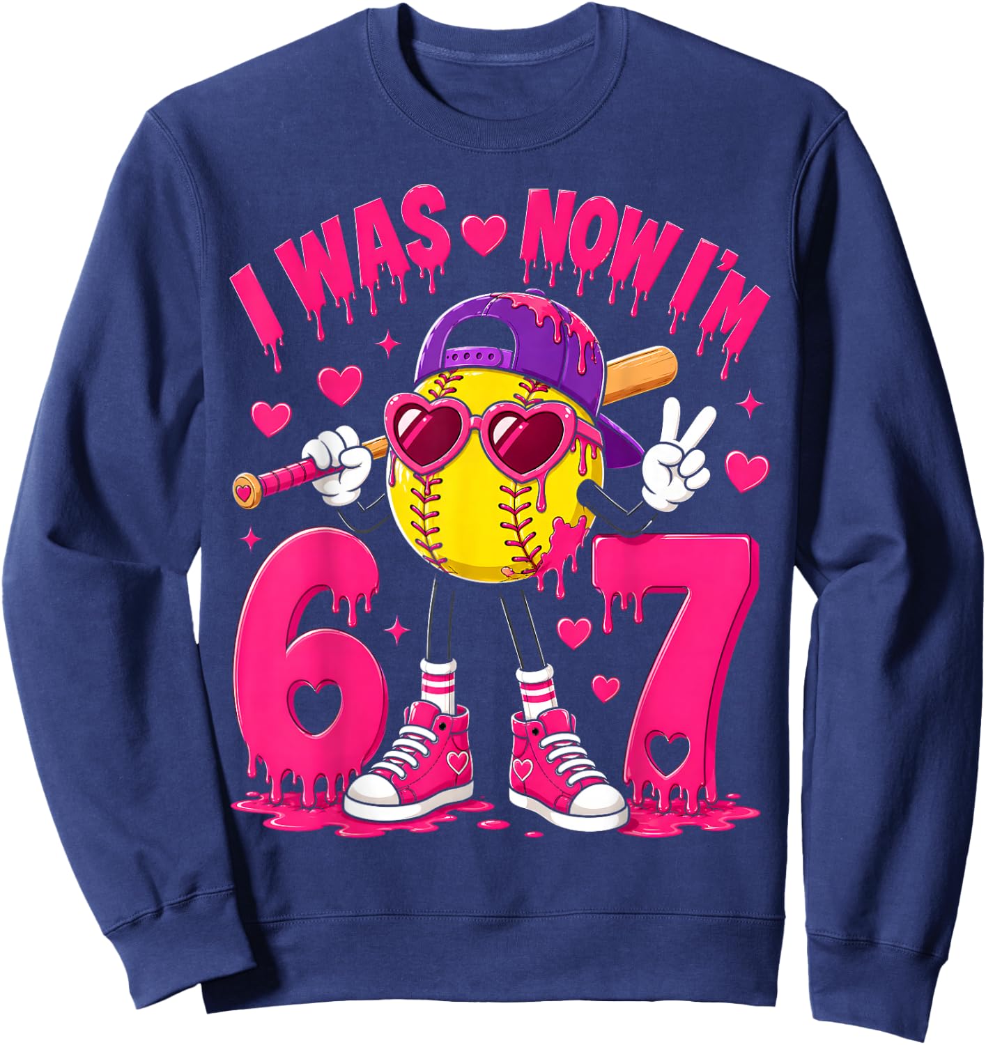 7th Birthday Boy Softball Ice Cream Drip 7 Year Old Party Sweatshirt - Sweatshirt | Navy